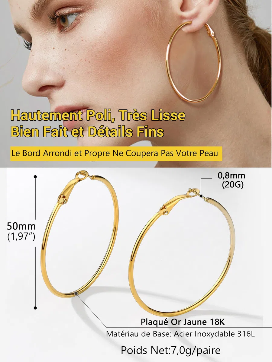 PROSTEEL Créoles Femme en Acier Inoxydable/Plaqué Or Boucles d'Oreilles Grands Anneaux de 20/30/50/60/70/80/90/100 mm, Women's Hoop Earrings