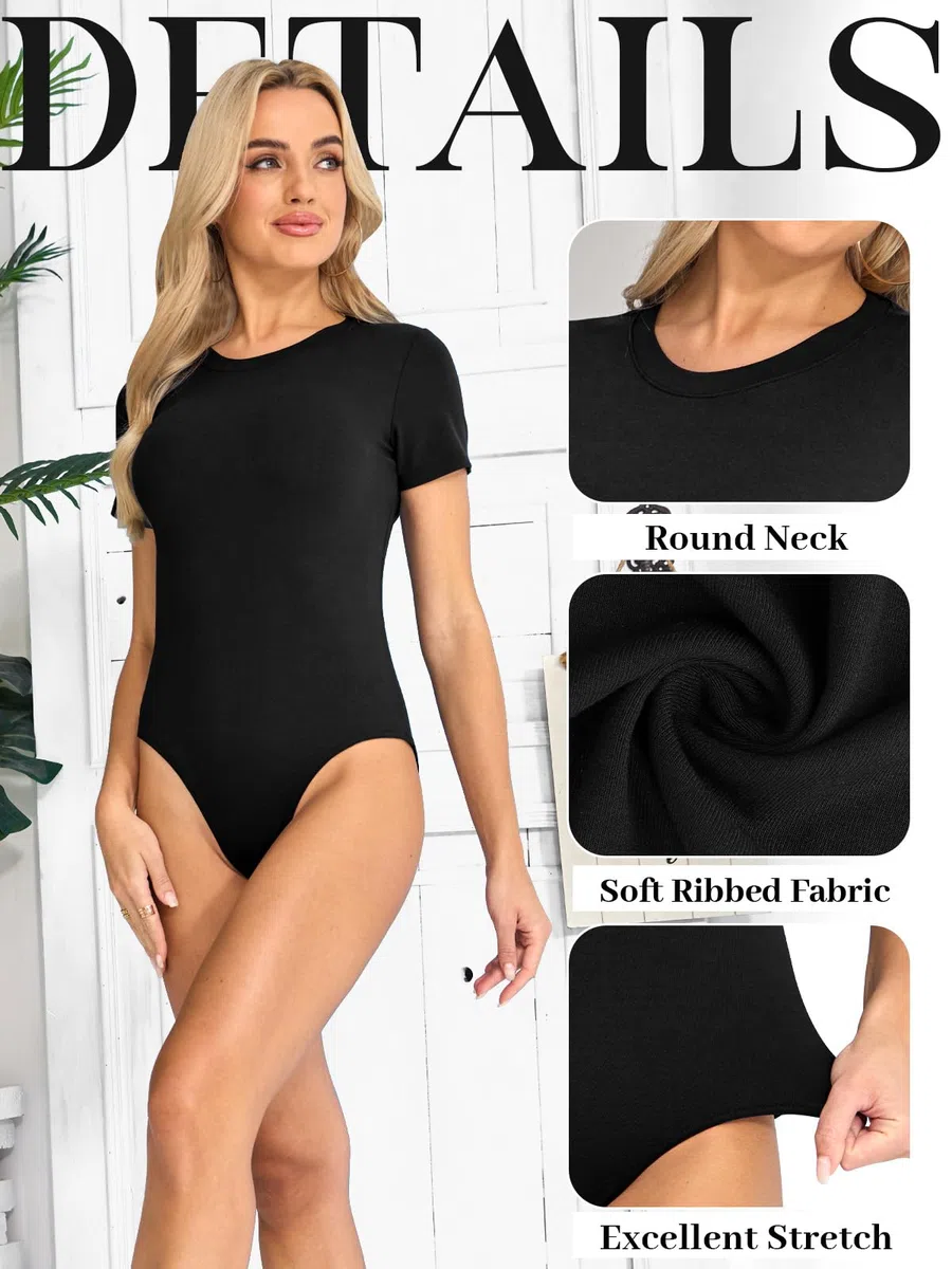 Body Femme Manches Courtes Bodys Femme Chic Col Rond Bodysuit Élastiqué Body String avec Snap