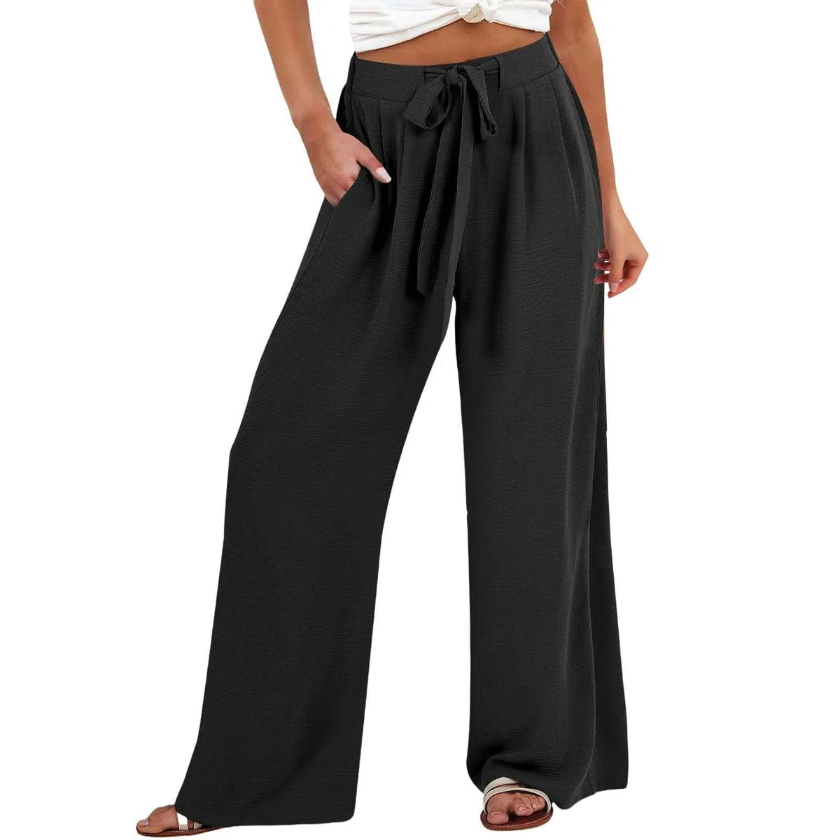 Pantalon Coton Et Lin Femme Été Décontractés Pantalons Taille Haute Elastique Cordon De Serrage Confortable Léger Elegant Couleur Unie Respirant Ample Jogging Plage Pants avec Poches