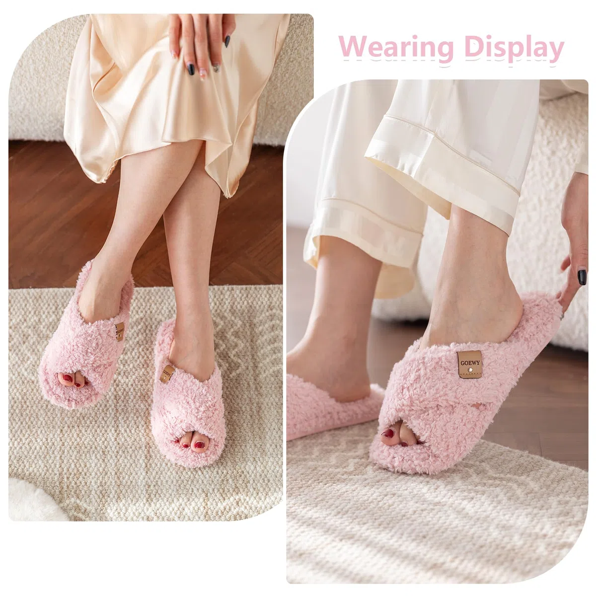 GOEWY Chaussons Femme en Peluche - Mousse à Mémoire de Forme, Pantoufles à Bride Croisée Bout Ouvert, Semelle Antidérapante - Confort & Tendance, Idée Cadeau