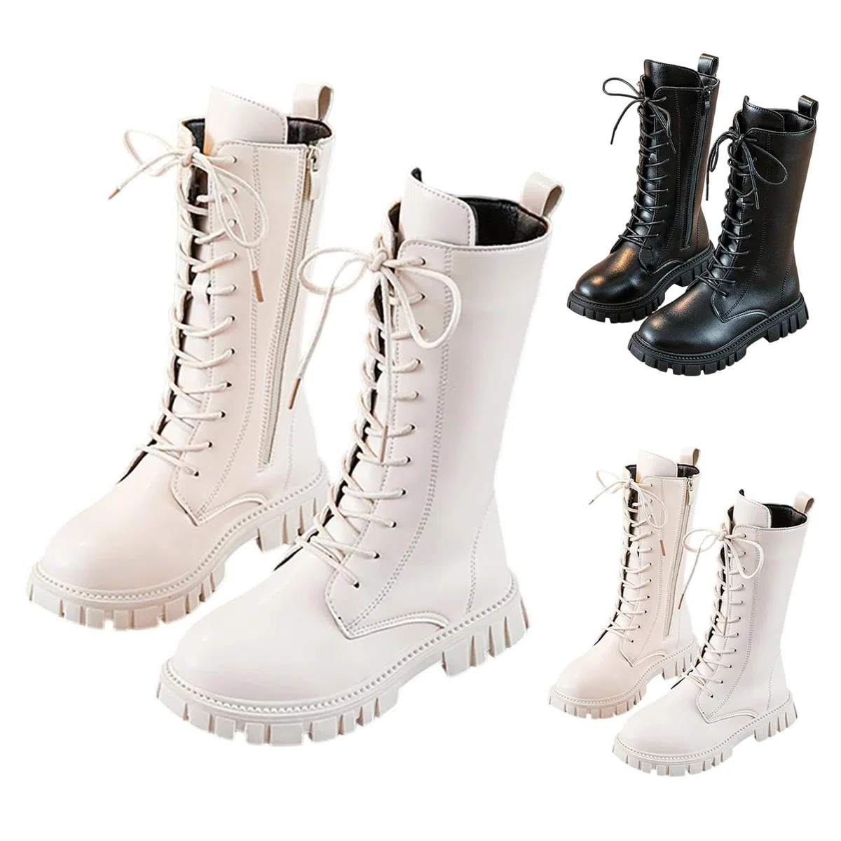 Bottes d'équitation à lacets pour filles - Bottes mi-mollet blanches - Bottes montantes de combat en cuir synthétique - Imperméables - Automne et hiver - Fermeture éclair latérale - Style punk