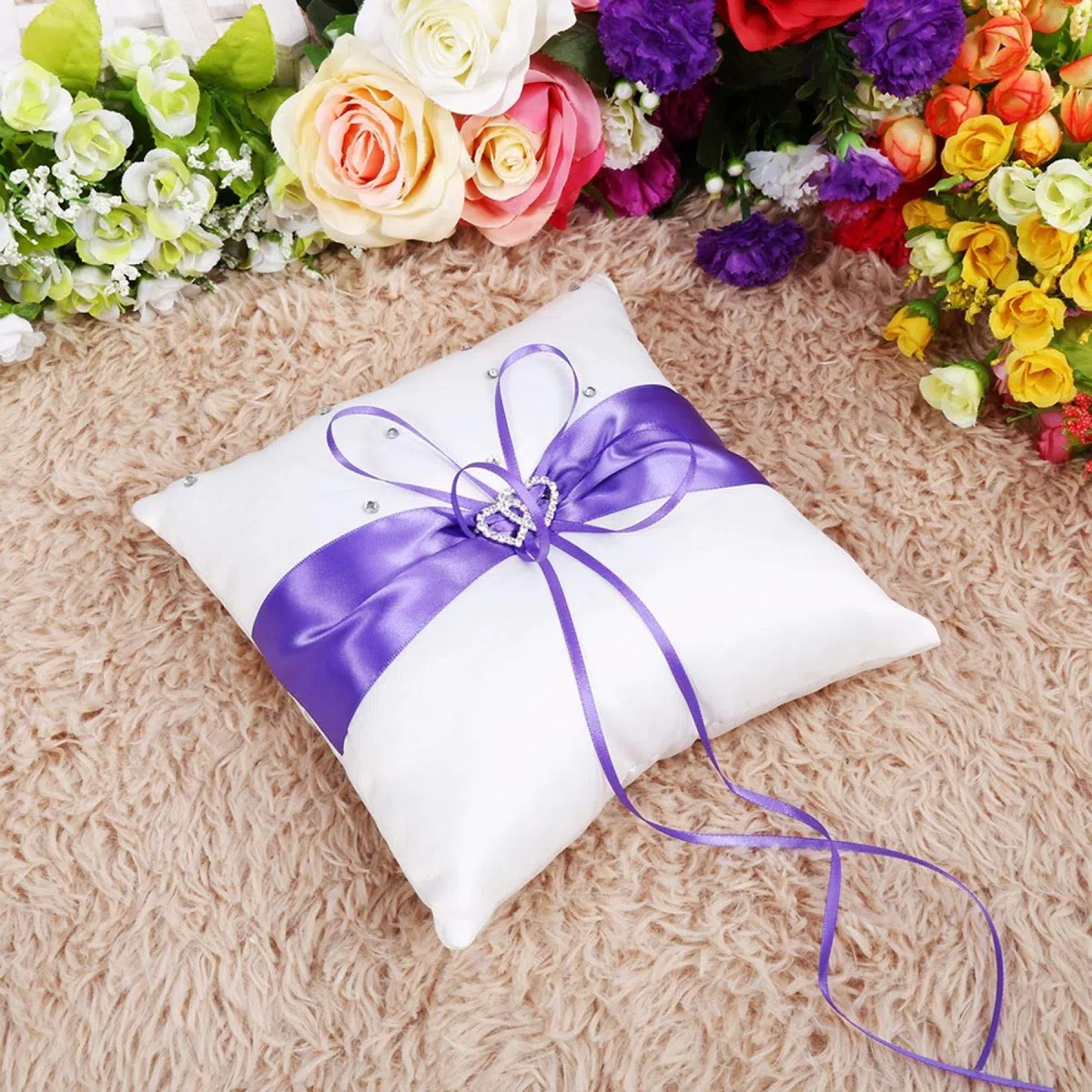 Bague de mariée au Porteur Coussin Double Coeur Bague de Mariage boîte Accessoires de Mariage Fournitures de décoration(Mauve)