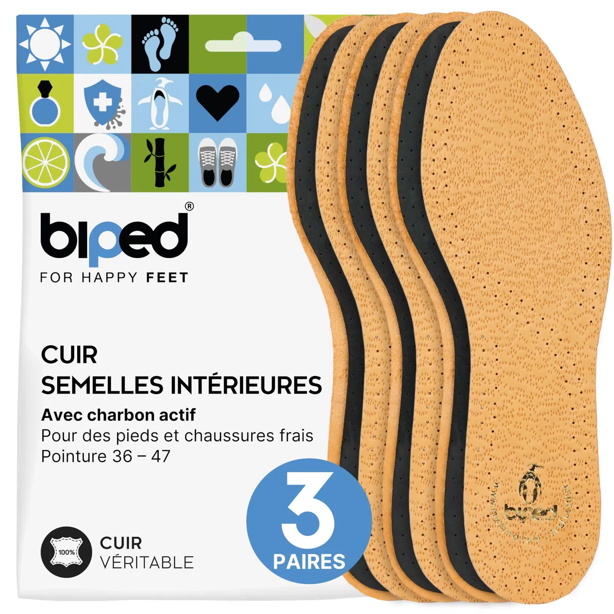 biped 3 paires de semelles en cuir de qualité supérieure avec charbon actif - Semelles contre les pieds moites - Semelles en cuir souple pour hommes et femmes z1724(42-43)