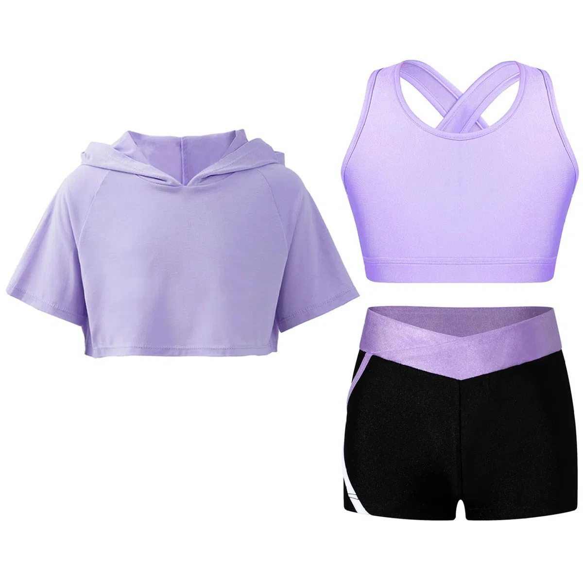 Ensemble Sport Fille Survêtement 3Pcs Fitness Yoga Crop Top Court à Capuche avec Débardeur Short de Sport Gym