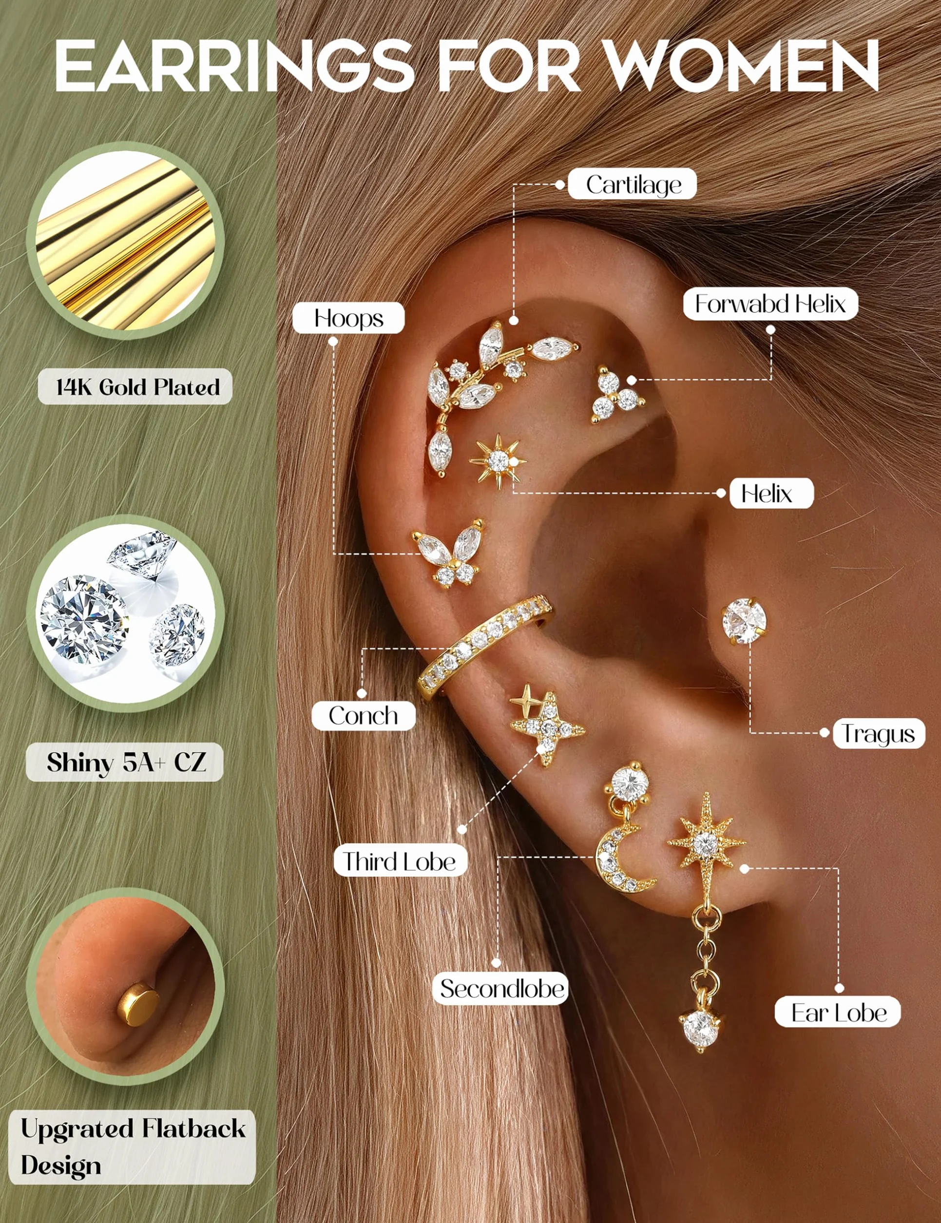 CASSIECA 21Pcs Boucles d'Oreilles Femme Piercing Oreille Acier Inoxydable Boucles d'Oreilles Or Argent Piercing Helix Conch Tragus Daith Bijoux Femme