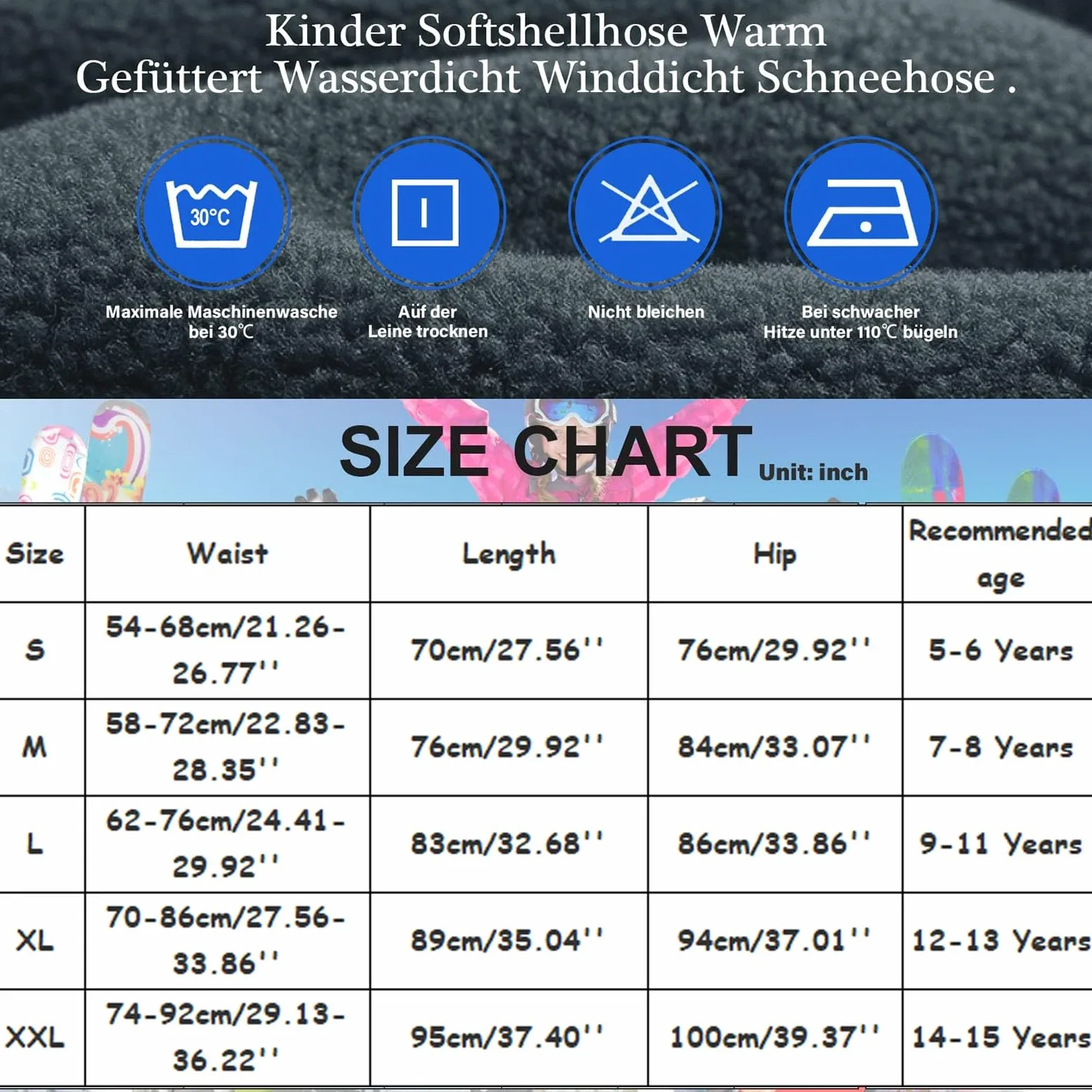 Pantalon de ski softshell pour enfant - Pantalon cargo doublé - Pantalon thermique - Pantalon de neige - Pantalon d'hiver - Pantalon de randonnée