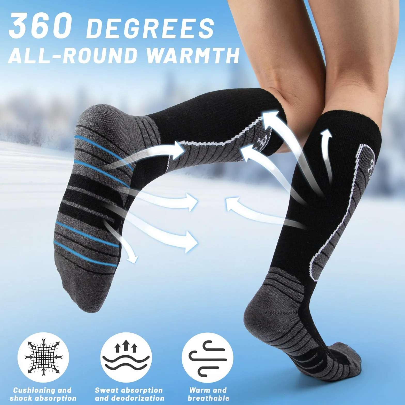 2 Paires Chaussette de Ski Laine Mérinos pour Hommes, Chaussettes Thermiques pour Ski, Randonnée, Cyclisme, Sport d'hiver
