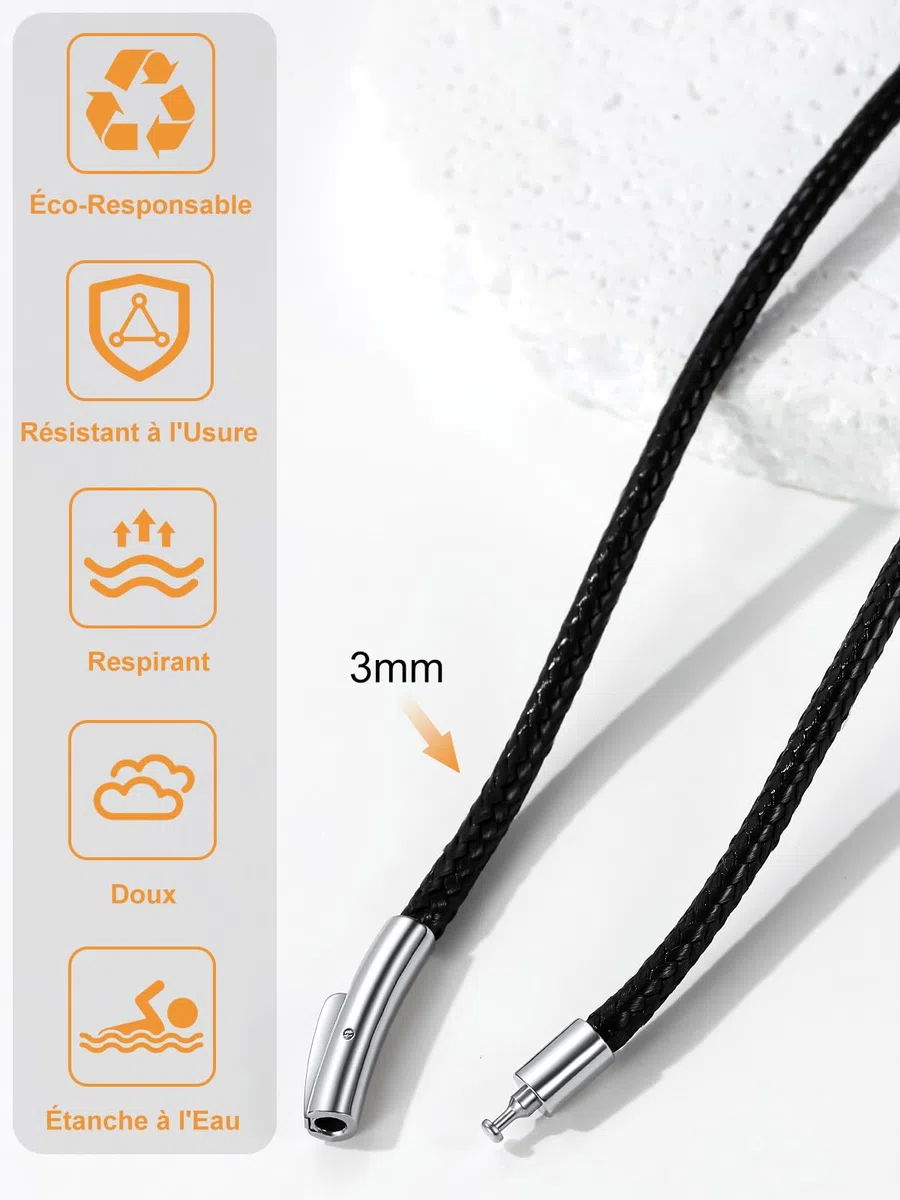 Richsteel Collier en Cuir Noir Artificiel Tressé pour Hommes et Femmes-2mm/3mm Cordon pour Pendentif 40/46/50/56/61/66/71/76 cm-Bijoux Personnalisable Prénom Unisex Fantaisie