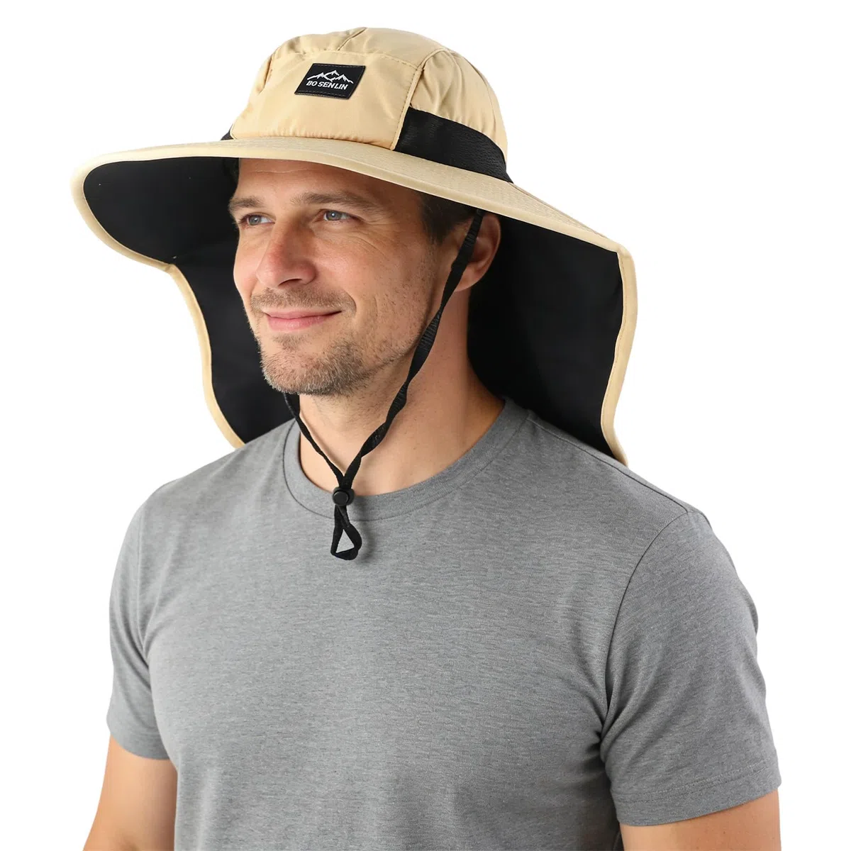 Chapeau Anti UV Homme, Chapeau de Brousse, Taille Universelle, sans Distinction de Sexe, Large Bord, pour la Randonnée, Équitation, Plage de Sable, Pêche (Beige)