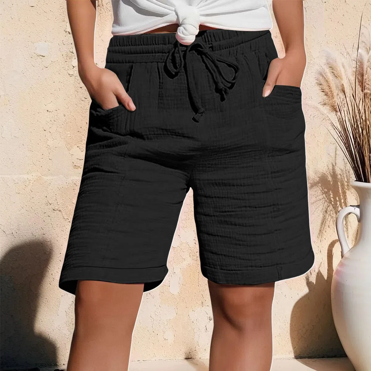 Bermuda Femme Été Lin Large Été Avec Poches De Plage Taille Haute Pantalon Court Ample Décontracté Gaze De Coton Leger Shorts Fluide Respirant Vetement Classique Elastique La Marche Pantacourt