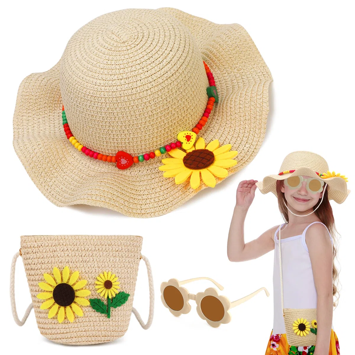 Chapeau de Paille et Petit Sac pour Filles, Ensemble de Chapeau de Soleil Décoré de Fleurs avec Lunette de Soleil Bijoux pour Enfants, Chapeau d'été à Larges Bords pour Les Voyages à la Plage