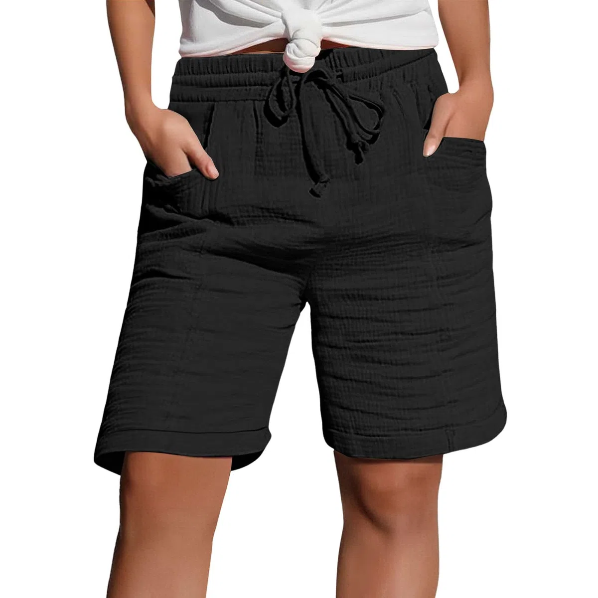 Bermuda Femme Été Lin Large Été Avec Poches De Plage Taille Haute Pantalon Court Ample Décontracté Gaze De Coton Leger Shorts Fluide Respirant Vetement Classique Elastique La Marche Pantacourt
