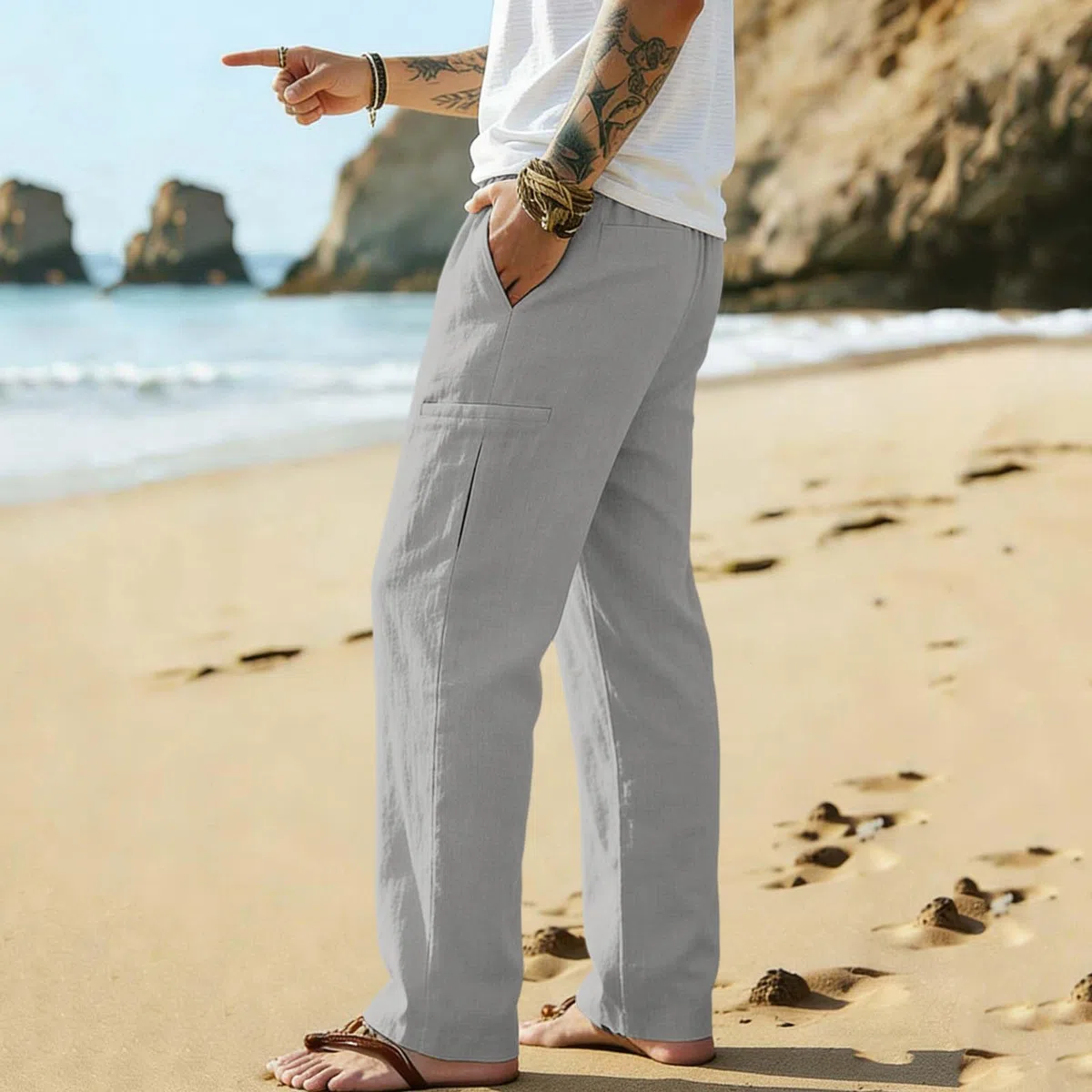 Pantalon Lin Homme été Pantalons De Sport Homme avec Taille élastique à Cordon De Serrage Réglable Modèle Droit Confortable Et Respirant pour La Plage Les Vacances Les Loisirs Et Le Quotidien été