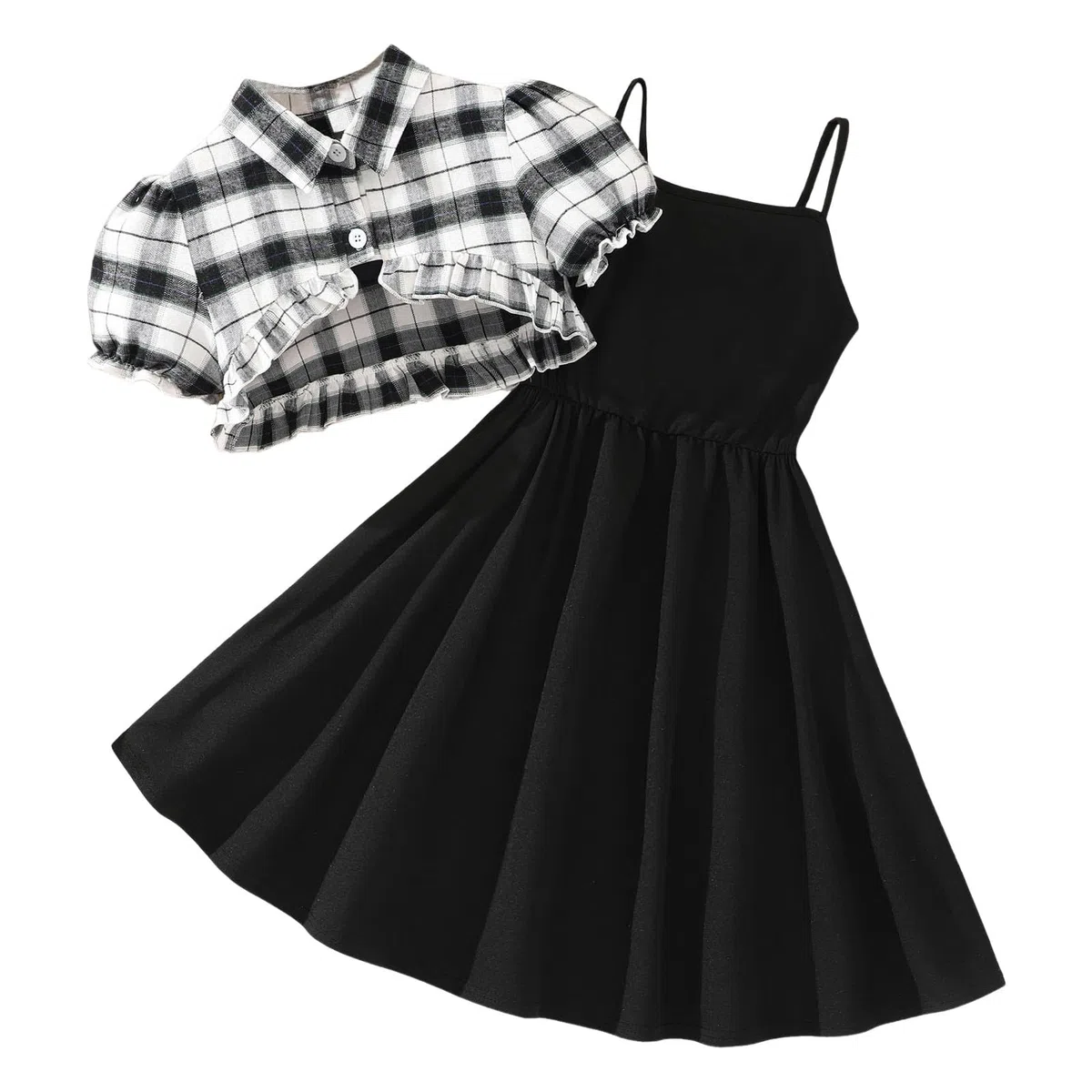 Ensemble de vêtements d'été pour Petites Filles, Hauts et Robe Solides à Manches Courtes, Tenues 2 pièces pour Enfants Combinaison Fille Noire