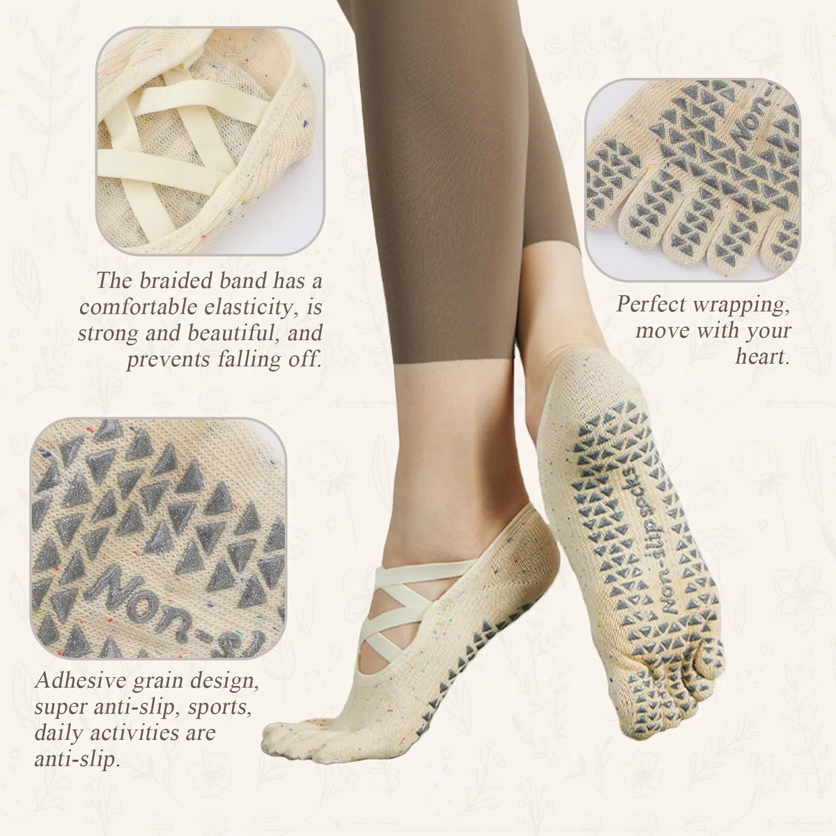 Lot de 3 paires de chaussettes de yoga antidérapantes pour femme avec poignées et sangles antidérapantes