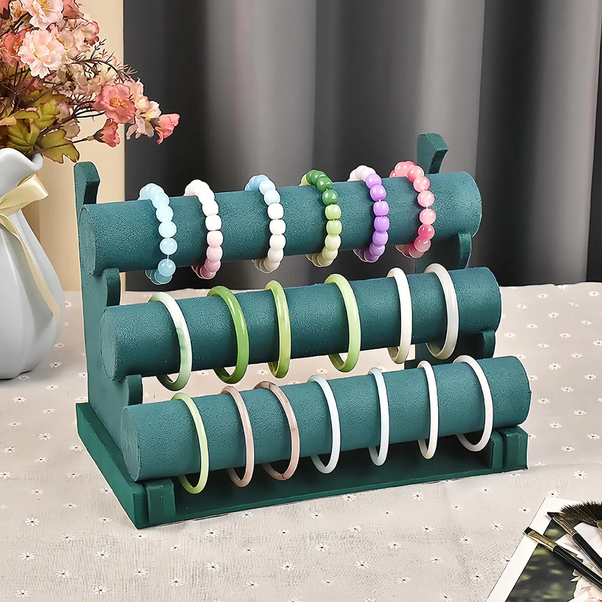 Présentoir à bracelets en velours à 3 étages amovible, présentoir à bijoux pour femme et fille, porte-bijoux en velours, porte-bijoux pour bracelet, collier et montre (vert)