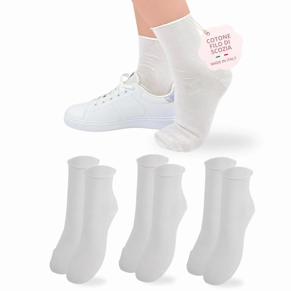 Chaussettes Femme Coton Sans Élastique Chaussettes Femme Courtes made in italy (FR/ES, Alpha/lettres, Taille unique, Taille normale, Taille normale, 520-3 paires blanches)