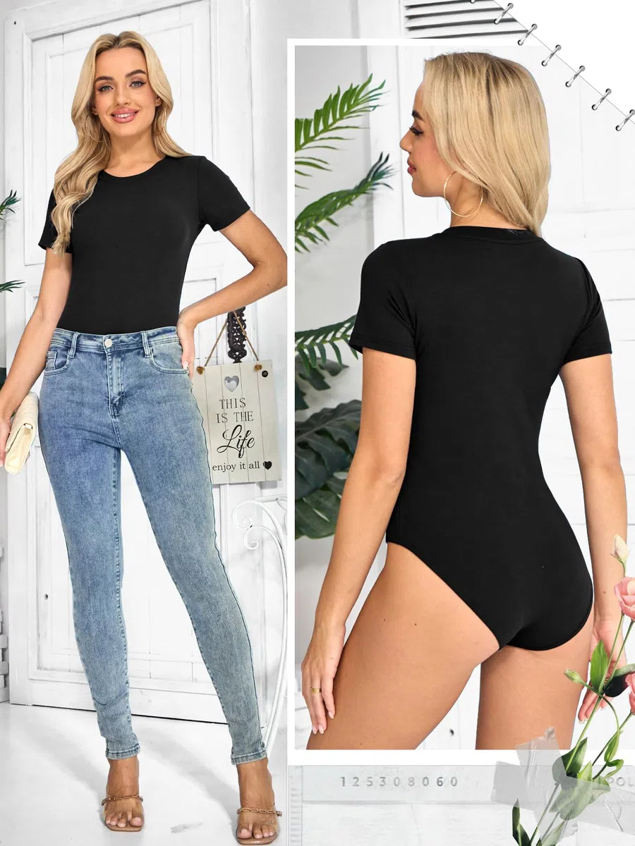 Body Femme Manches Courtes Bodys Femme Chic Col Rond Bodysuit Élastiqué Body String avec Snap