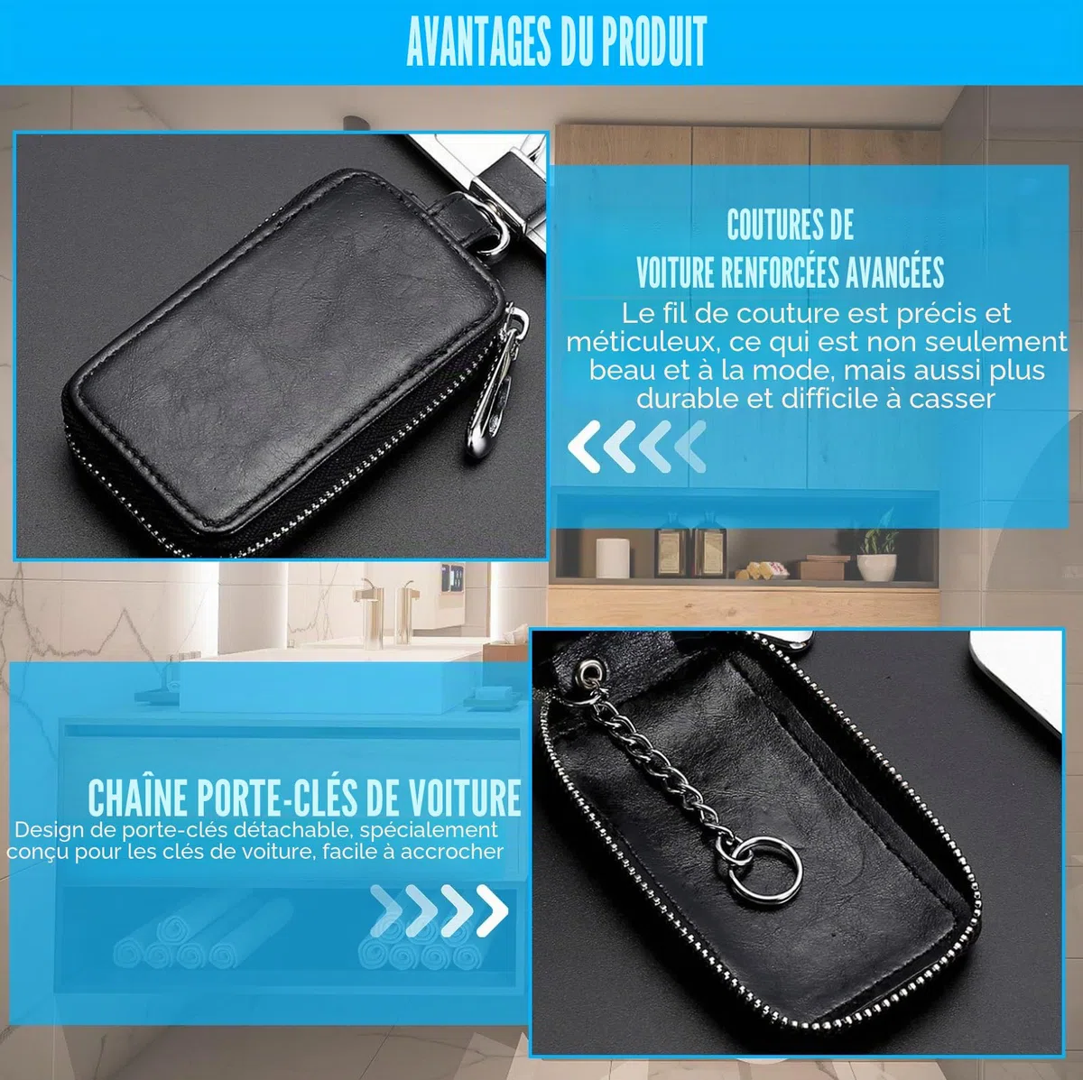 HOMURY Lot de 2 étuis à clés de voiture : étui à clés vintage avec fermeture éclair et mousqueton, housse de protection pour porte-clés, étui universel portable (noir, bleu roi), noir, bleu