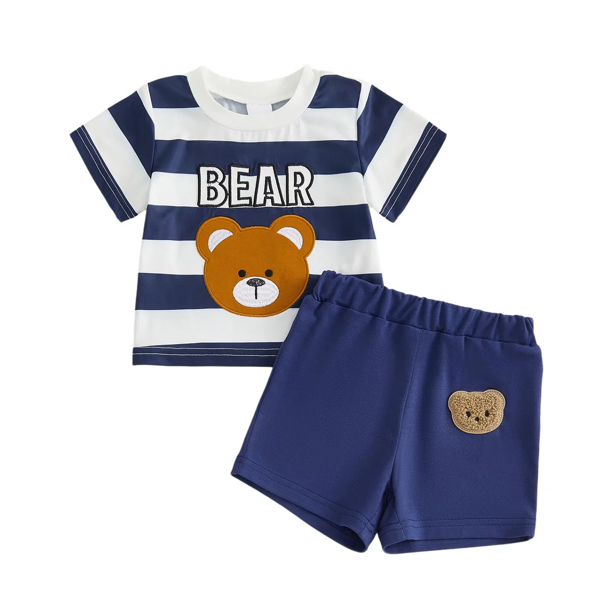 Carolilly Ensemble Bébé Garçon 2 Pièces, T-Shirt Rayé à Manches Courtes avec Motif Ours + Shorts Assortis, Tenue d'Été pour Enfant