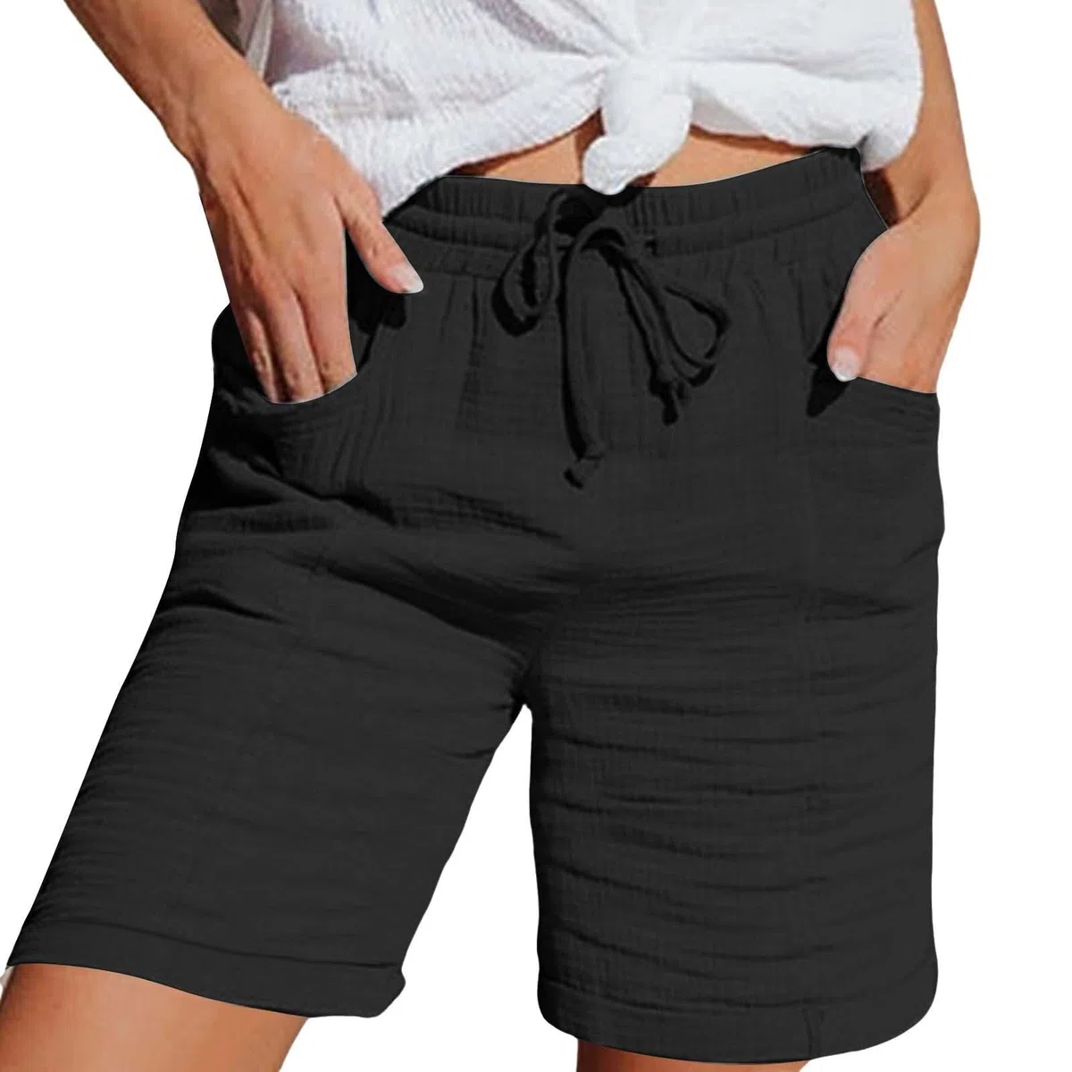 Bermuda Femme Été Lin Large Été Avec Poches De Plage Taille Haute Pantalon Court Ample Décontracté Gaze De Coton Leger Shorts Fluide Respirant Vetement Classique Elastique La Marche Pantacourt