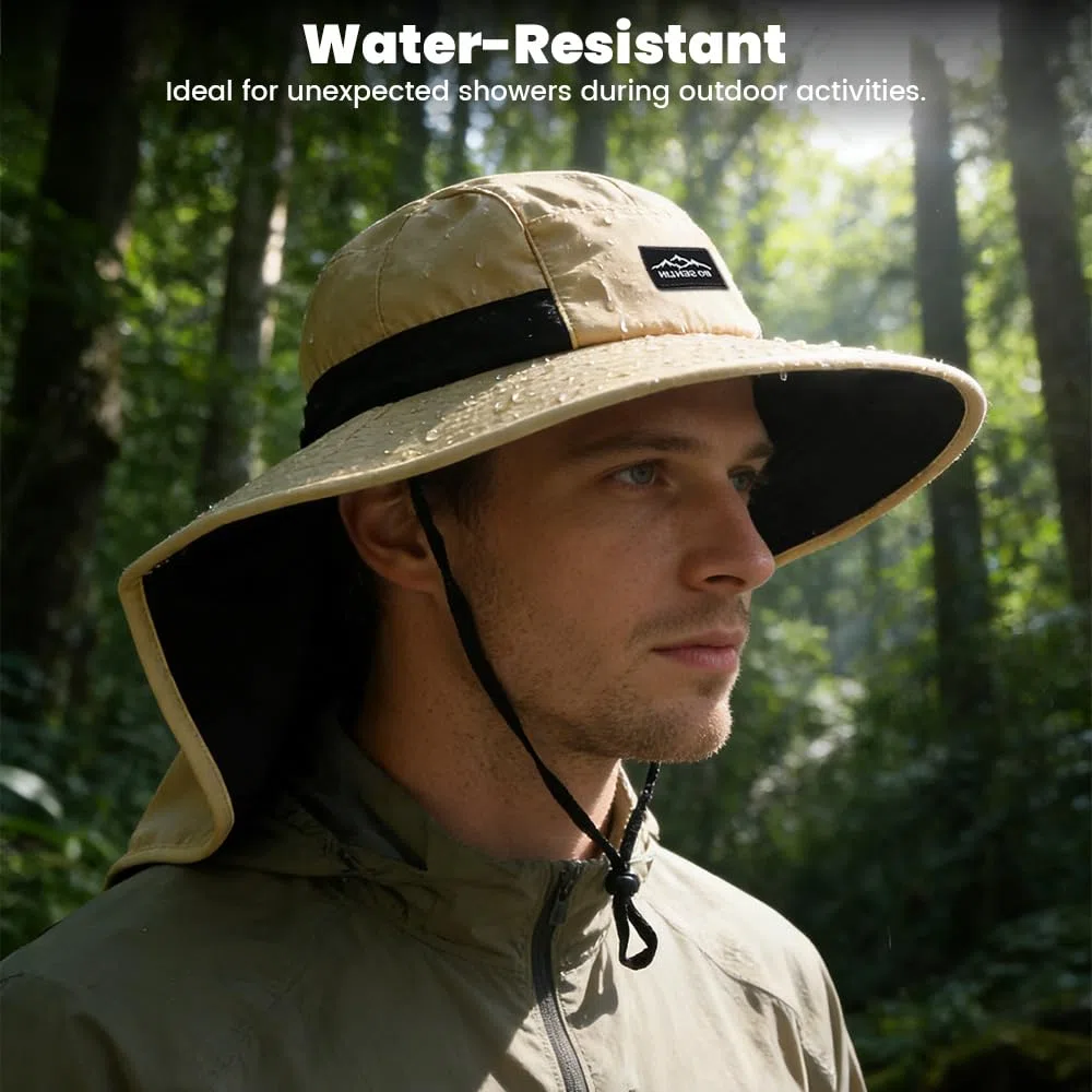Chapeau Anti UV Homme, Chapeau de Brousse, Taille Universelle, sans Distinction de Sexe, Large Bord, pour la Randonnée, Équitation, Plage de Sable, Pêche (Beige)