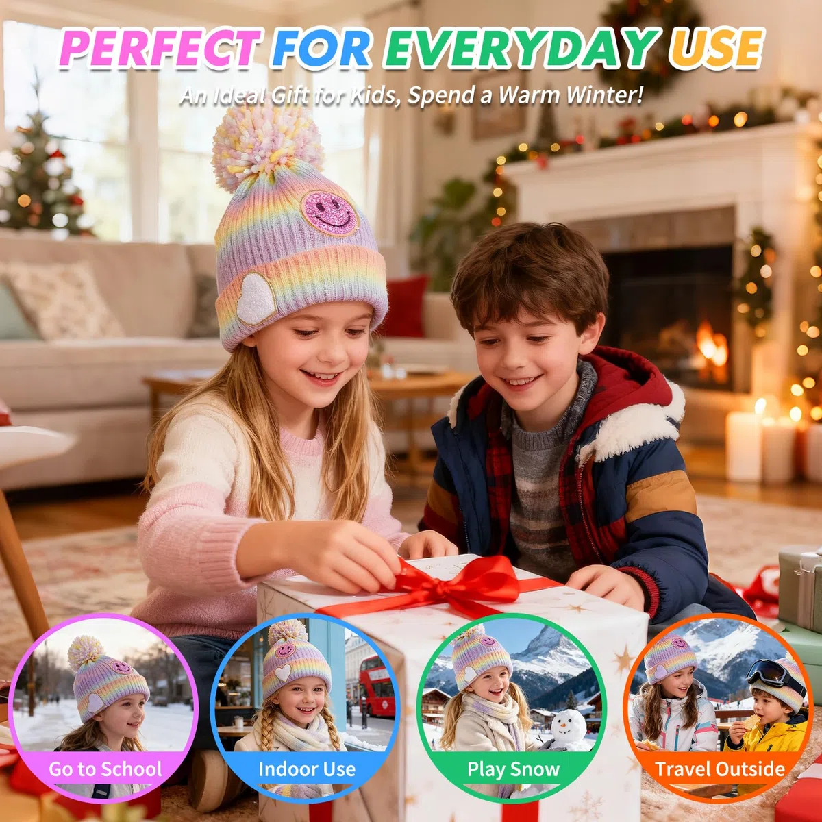 PinkSheep Bonnet d'hiver chaud pour filles avec accessoires décoratifs, bonnet tricoté doux au toucher pour enfants de 4 à 14 ans, accessoires tendance pour filles