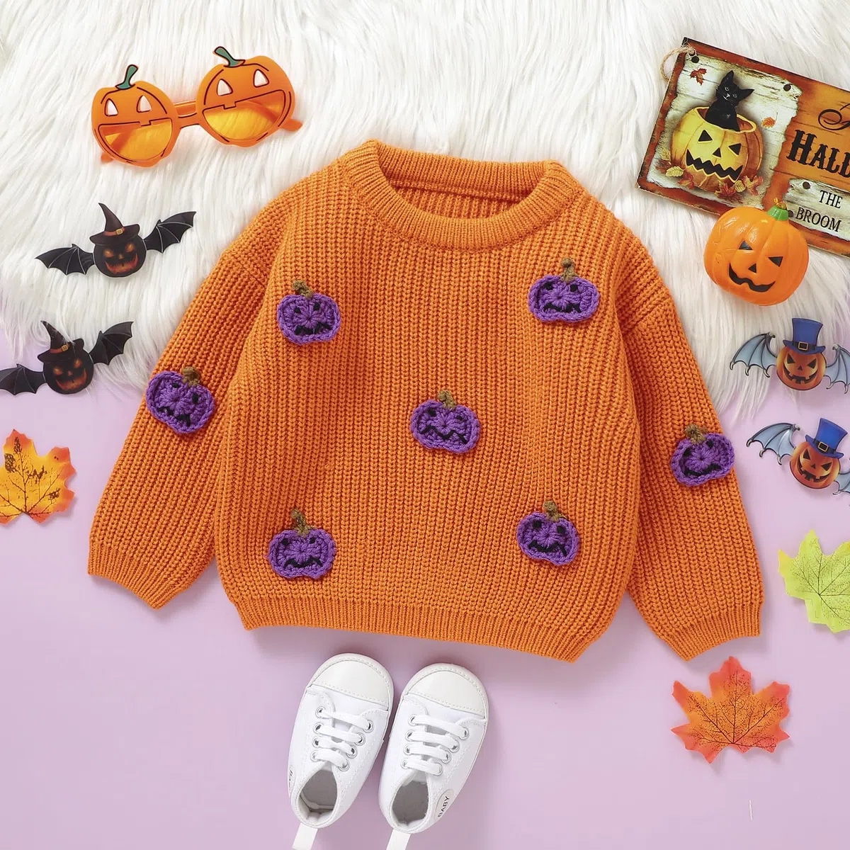 Pull unisexe pour bébé - À manches longues - Col rond - Citrouille - Lettre brodée - Pull en tricot - Pour bébé - Halloween - Fantôme citrouille