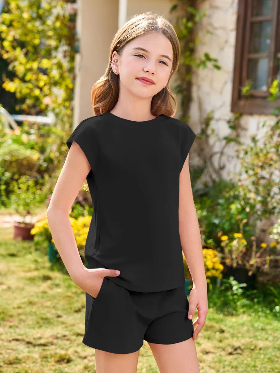 Haloumoning Ensemble de vêtements pour fille - T-shirt d'été décontracté à manches courtes avec short élastique - Couleur unie
