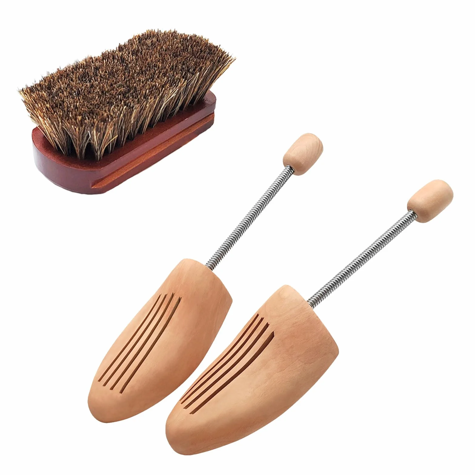 Lot de 2 embauchoirs en bois avec brosse à chaussures en crin de cheval - Embauchoirs réglables pour homme et femme pour maintenir la forme et réduire les plis - Kit d'entretien des chaussures
