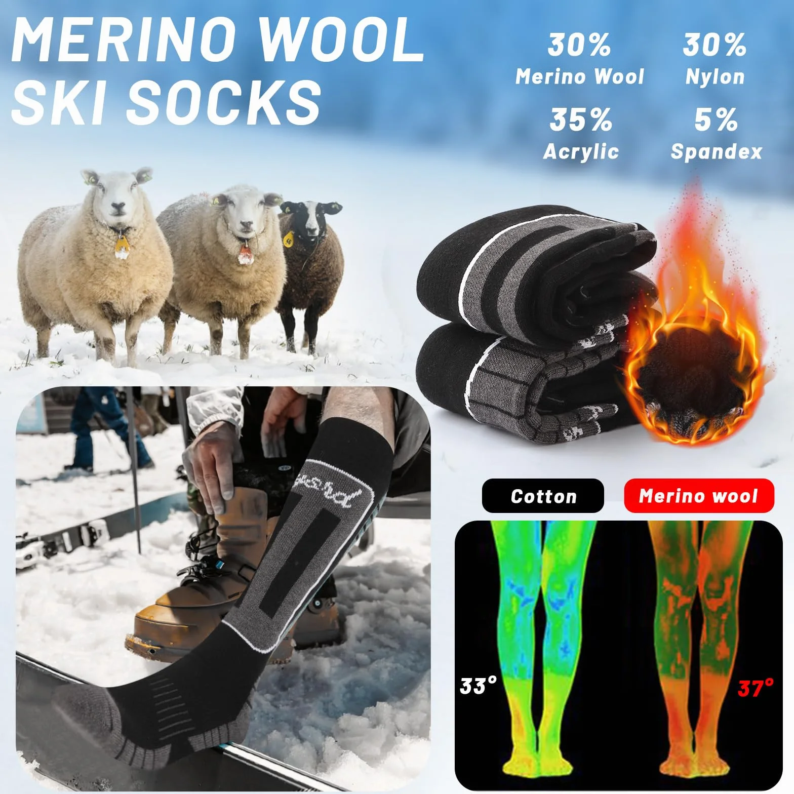 2 Paires Chaussette de Ski Laine Mérinos pour Hommes, Chaussettes Thermiques pour Ski, Randonnée, Cyclisme, Sport d'hiver