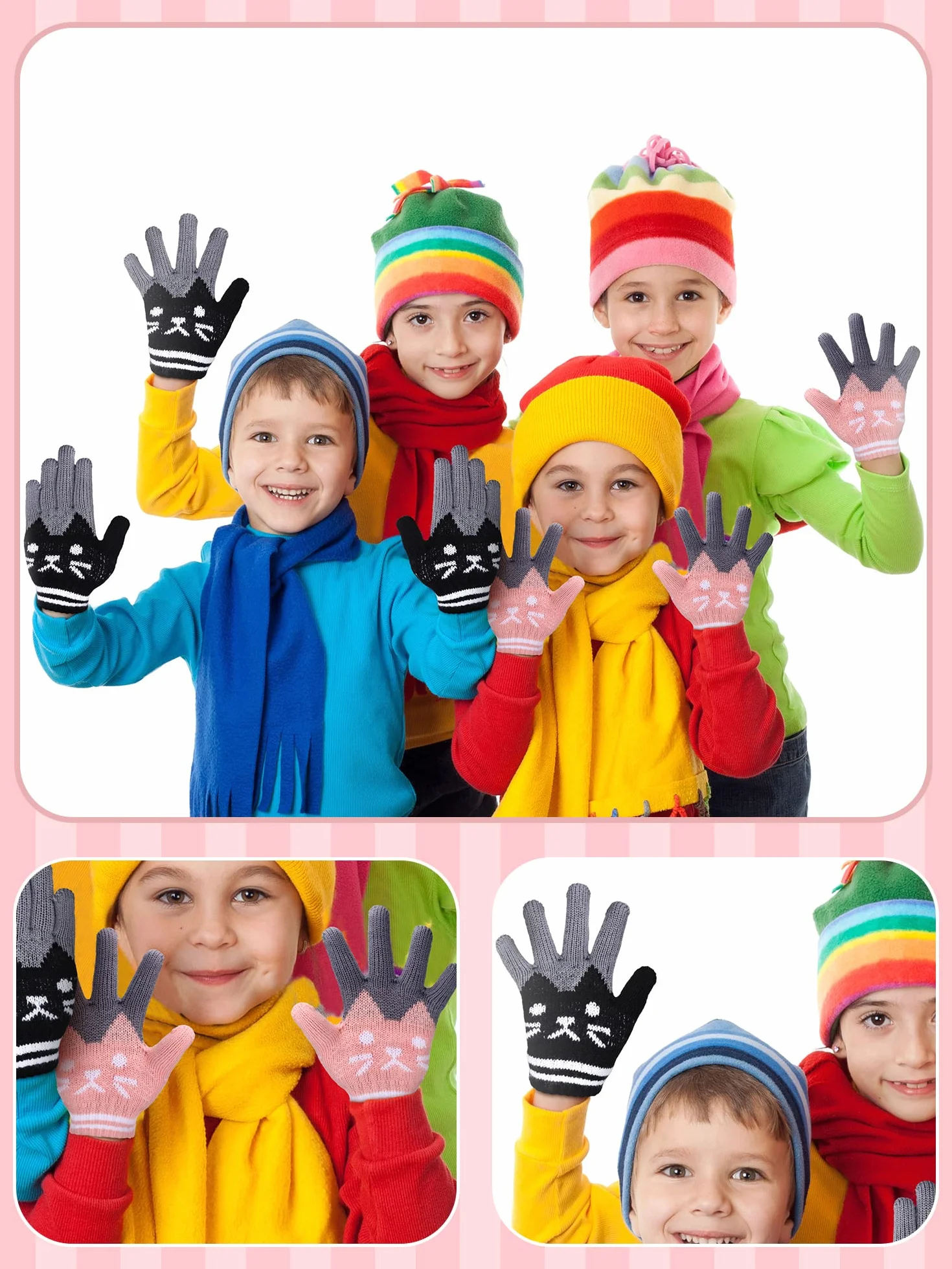 SATINIOR 2 Paires Gants d‘Hiver en Tricot Mitaines de Chat Mignonnes en Pleins Doigts pour Enfants 6-12 Ans, Noir et Rose