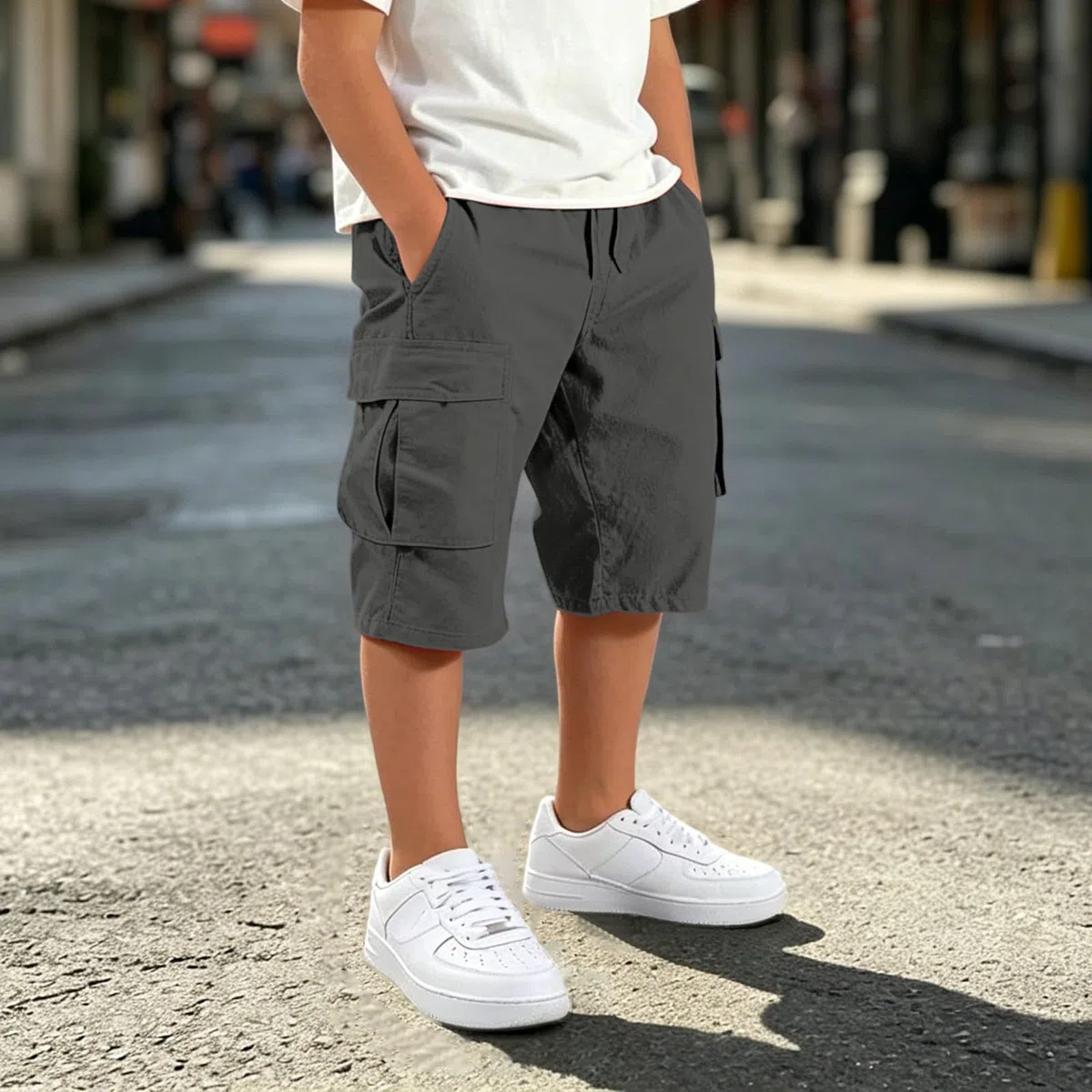 Short cargo pour garçon - Bermuda - Short d'été - Léger - En coton - Short de sport - Baggy - Short d'extérieur - Respirant - Short de loisirs - Short de randonnée