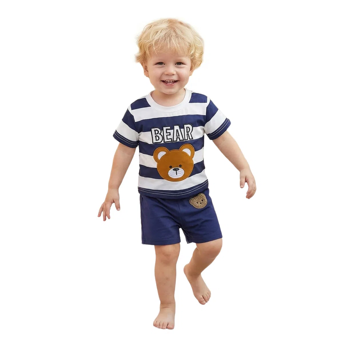 Carolilly Ensemble Bébé Garçon 2 Pièces, T-Shirt Rayé à Manches Courtes avec Motif Ours + Shorts Assortis, Tenue d'Été pour Enfant
