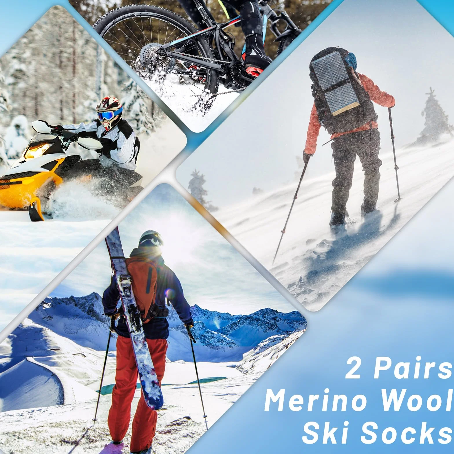 2 Paires Chaussette de Ski Laine Mérinos pour Hommes, Chaussettes Thermiques pour Ski, Randonnée, Cyclisme, Sport d'hiver