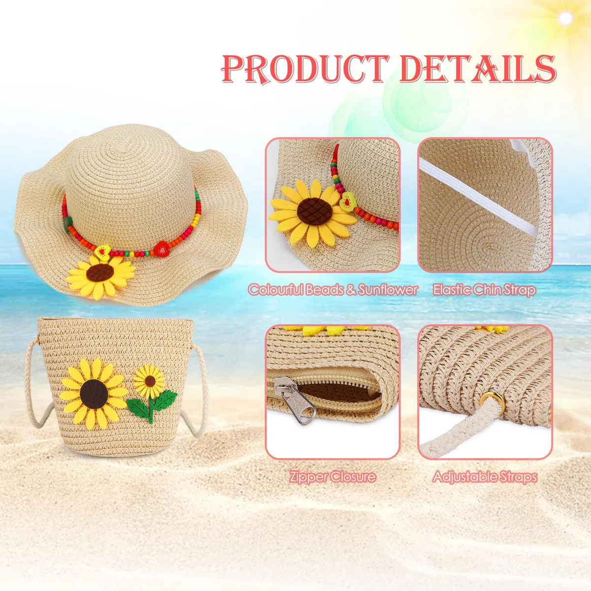 Chapeau de Paille et Petit Sac pour Filles, Ensemble de Chapeau de Soleil Décoré de Fleurs avec Lunette de Soleil Bijoux pour Enfants, Chapeau d'été à Larges Bords pour Les Voyages à la Plage