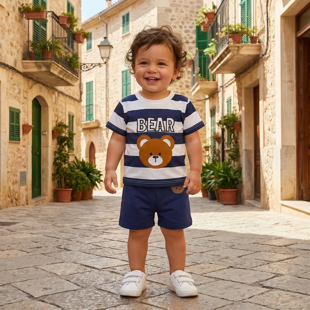 Carolilly Ensemble Bébé Garçon 2 Pièces, T-Shirt Rayé à Manches Courtes avec Motif Ours + Shorts Assortis, Tenue d'Été pour Enfant