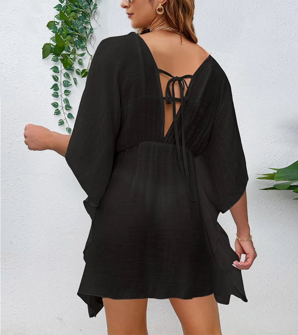 Robe de Plage Femme Été Cache Maillot de Bain V-Cou Bikini Cover Up Élastique Couvrir Kimono Tunique Plage Transparente à Cache Cover Up Mode Vêtement de Plage