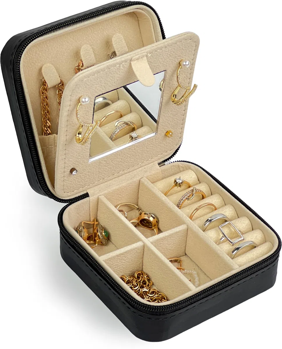 Coffret à Bijoux de Voyage avec Miroir - [ Idéal pour les Femmes ] - Boîte à Bijoux en Similicuir avec Fermeture Éclair - Organiseur de Bijoux - Noir