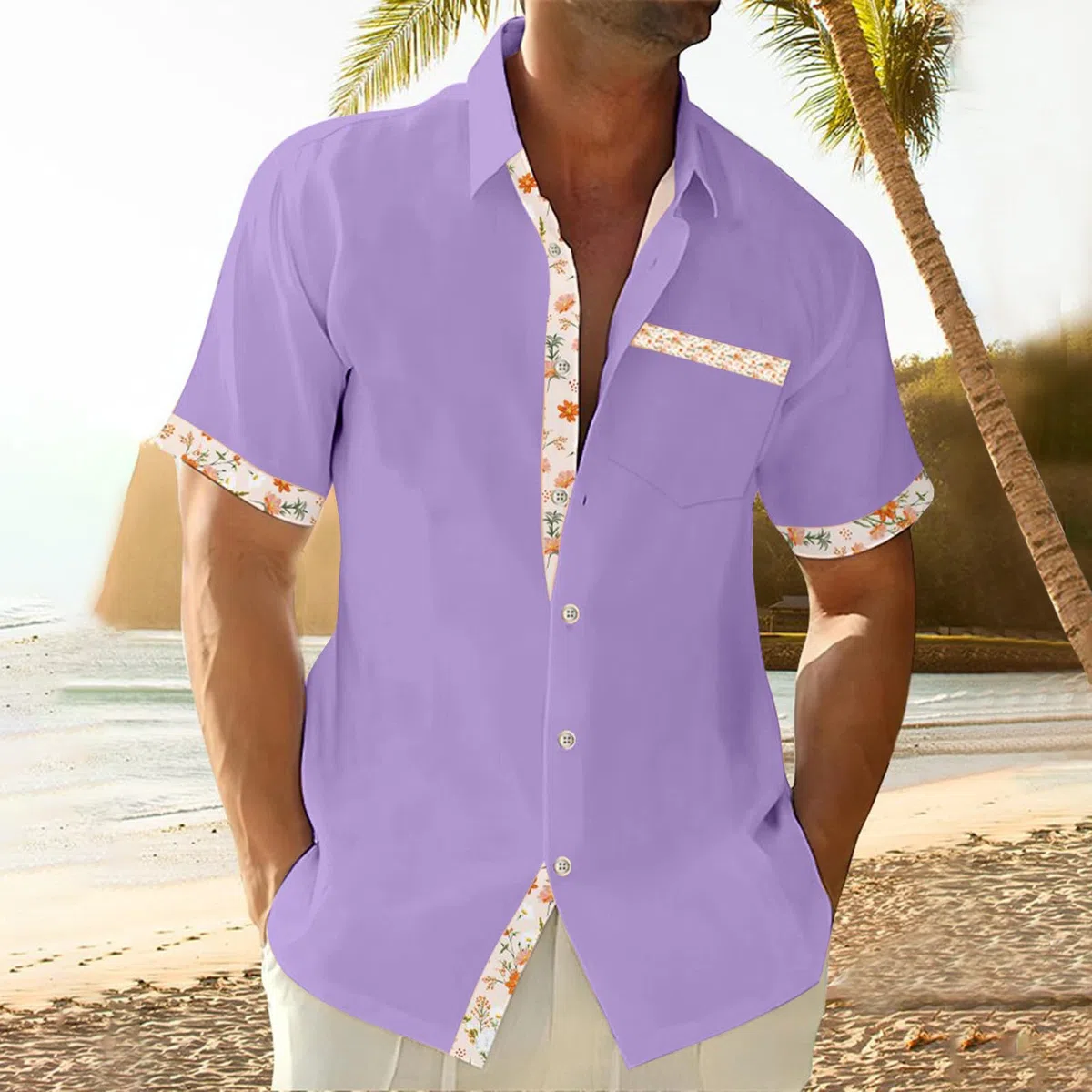 Chemise Homme Manches Courtes Col Cubain Texturé avec Poche Poitrine, Boutonnée Ample Décontractée pour Été, Vacances et Loisirs