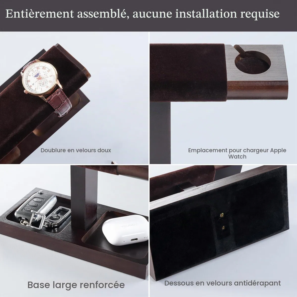 ProCase Support Montre Bois, Présentoir Montre, avec Un Emplacement de Chargement, Porte Bracelet -1 Niveau, Marron Foncé