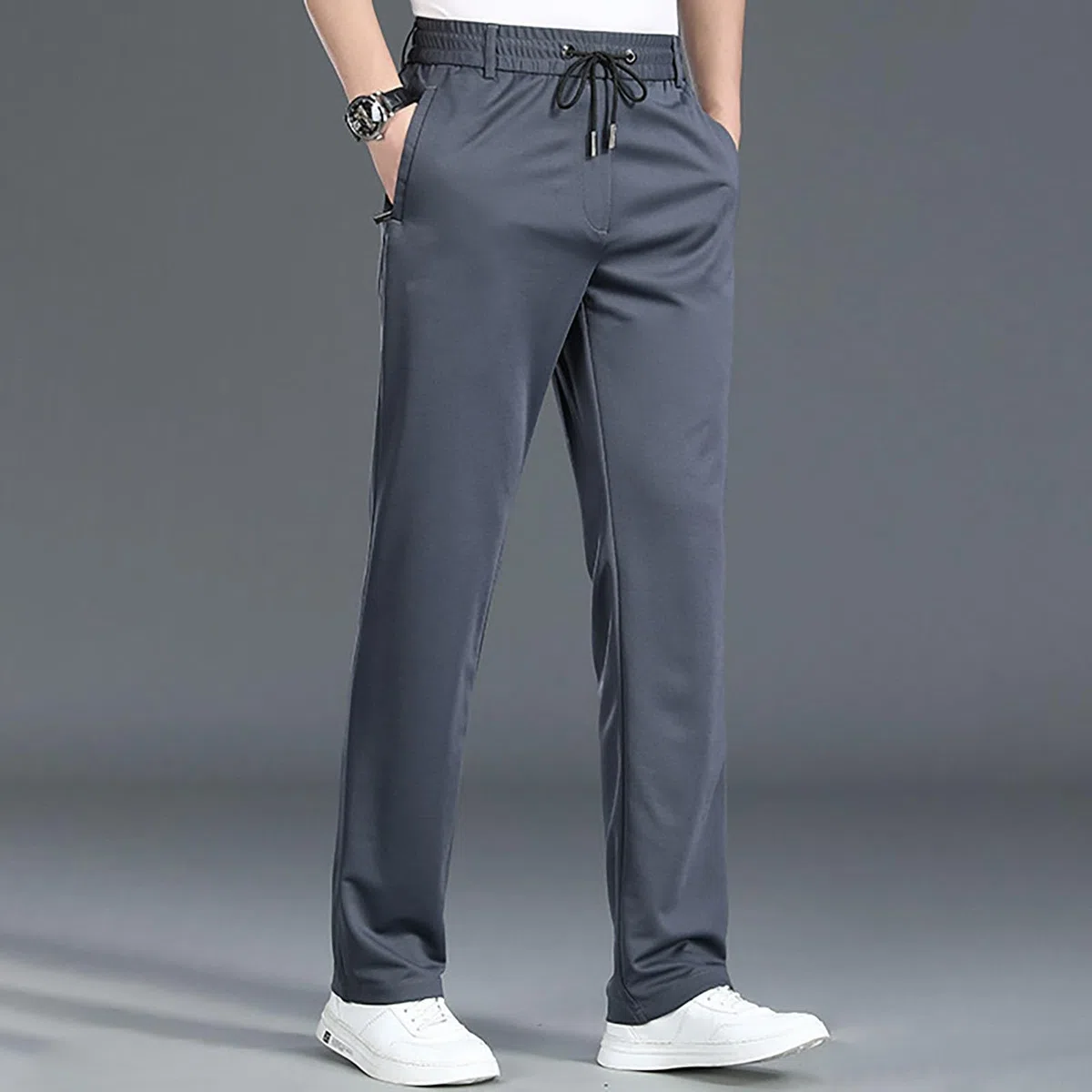 Pantalon habillé pour homme, coupe ajustée, pantalon de bureau extensible, taille élastique, cordon de serrage avec poches, pantalon formel et décontracté, couleur unie, pantalon décontracté