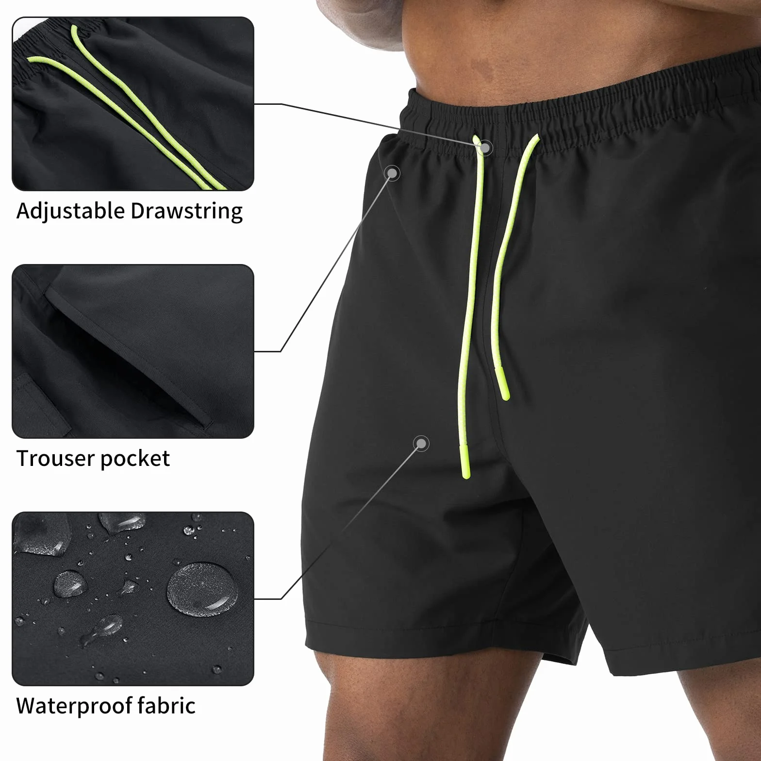 EDOTON Short de Bain Homme, Maillots de Bain Homme Léger à Séchage Rapide Short de Bain Imperméable pour Homme avec Ceinture Réglable et Poches/Natation/Surf/Loisirs