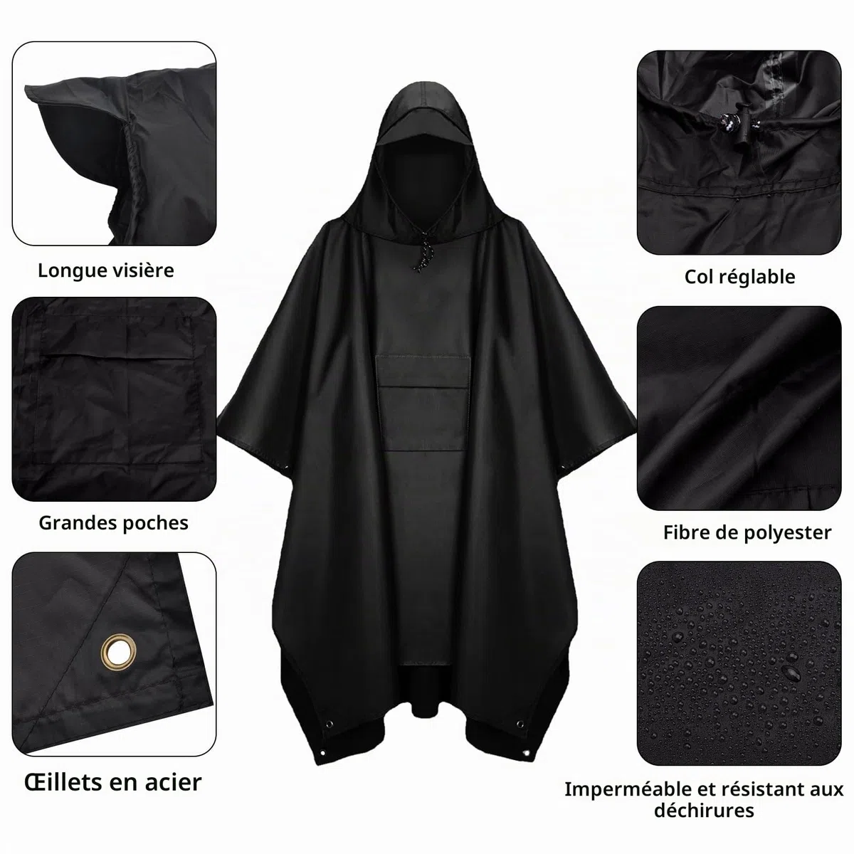 DAWRIS Poncho de Pluie Imperméable 3 en 1 en Oxford 210T - Veste Pour Homme Avec Capuche - Pour Festival, Vélo, Randonnée, Camping, Pêche
