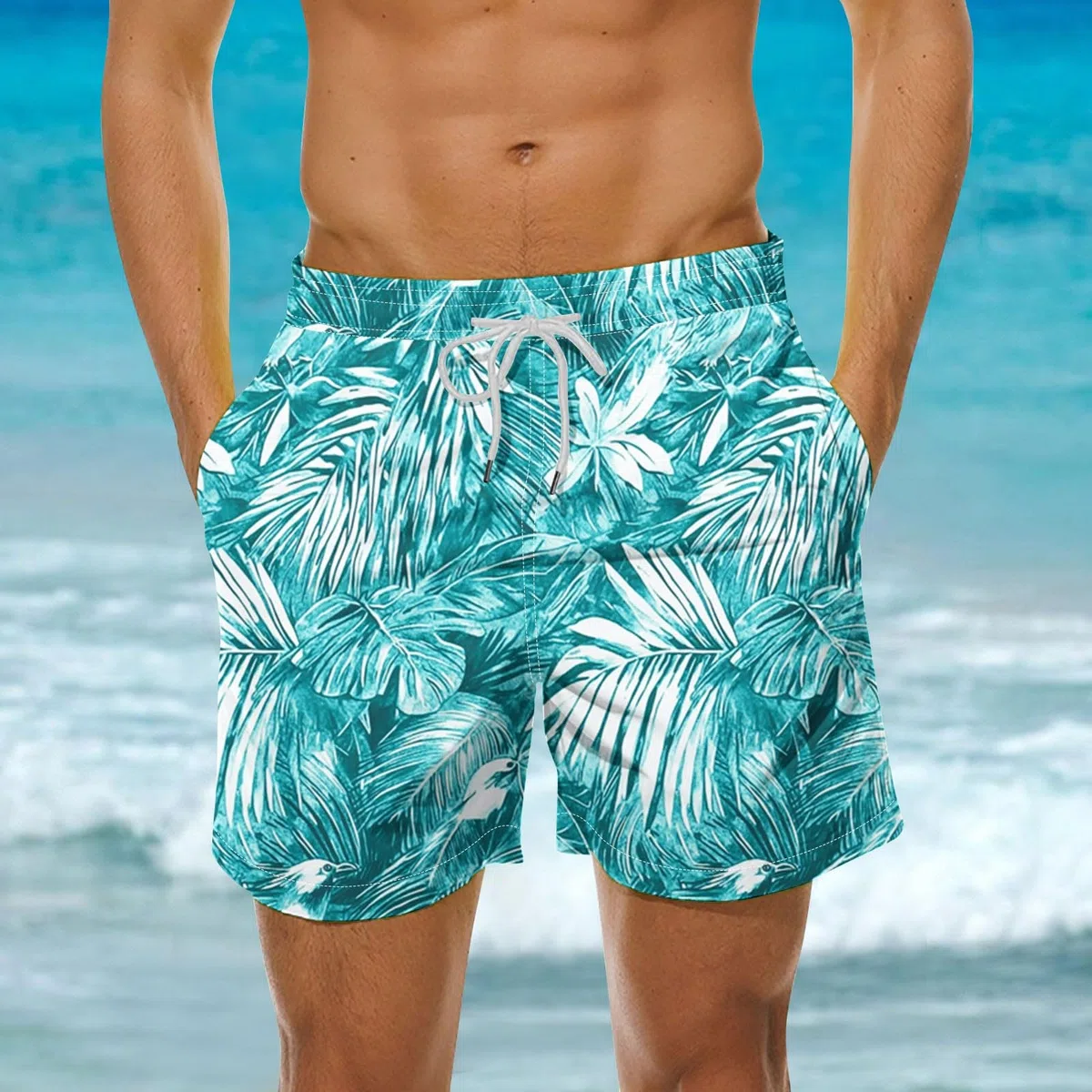 Short de bain de plage pour homme - Short hawaïen léger et respirant - Longueur genou - Confortable - Avec poches - Cordon de serrage - Taille élastique - Taille S à 5XL