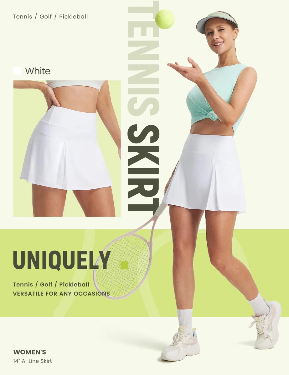 baleaf Jupes de tennis pour femmes - Taille haute - 35,6 cm - Jupe-short de golf athlétique avec poches courtes - Jupe trapèze décontractée