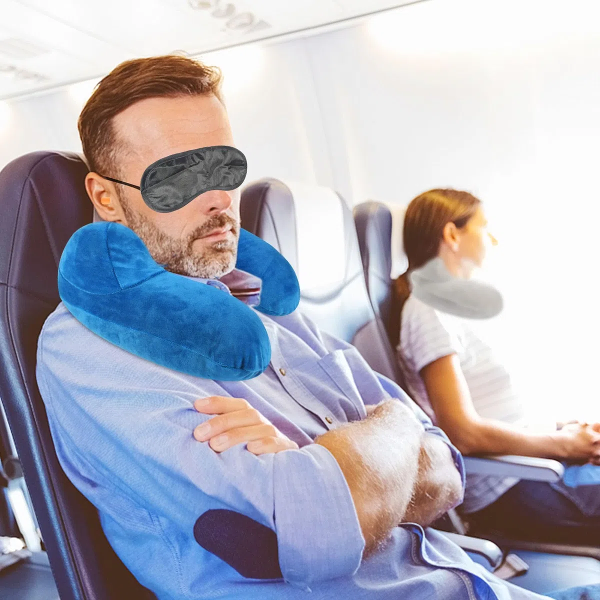 Oreiller Gonflable de Voyage,2 Sets Coussin Voyage Ergonomique,Compact Coussin de Voyage avec Taie d'oreiller Lavable, avec Masque pour Dormir+ Bouchons d’Oreilles + Sac Transport,pour Avion et Train