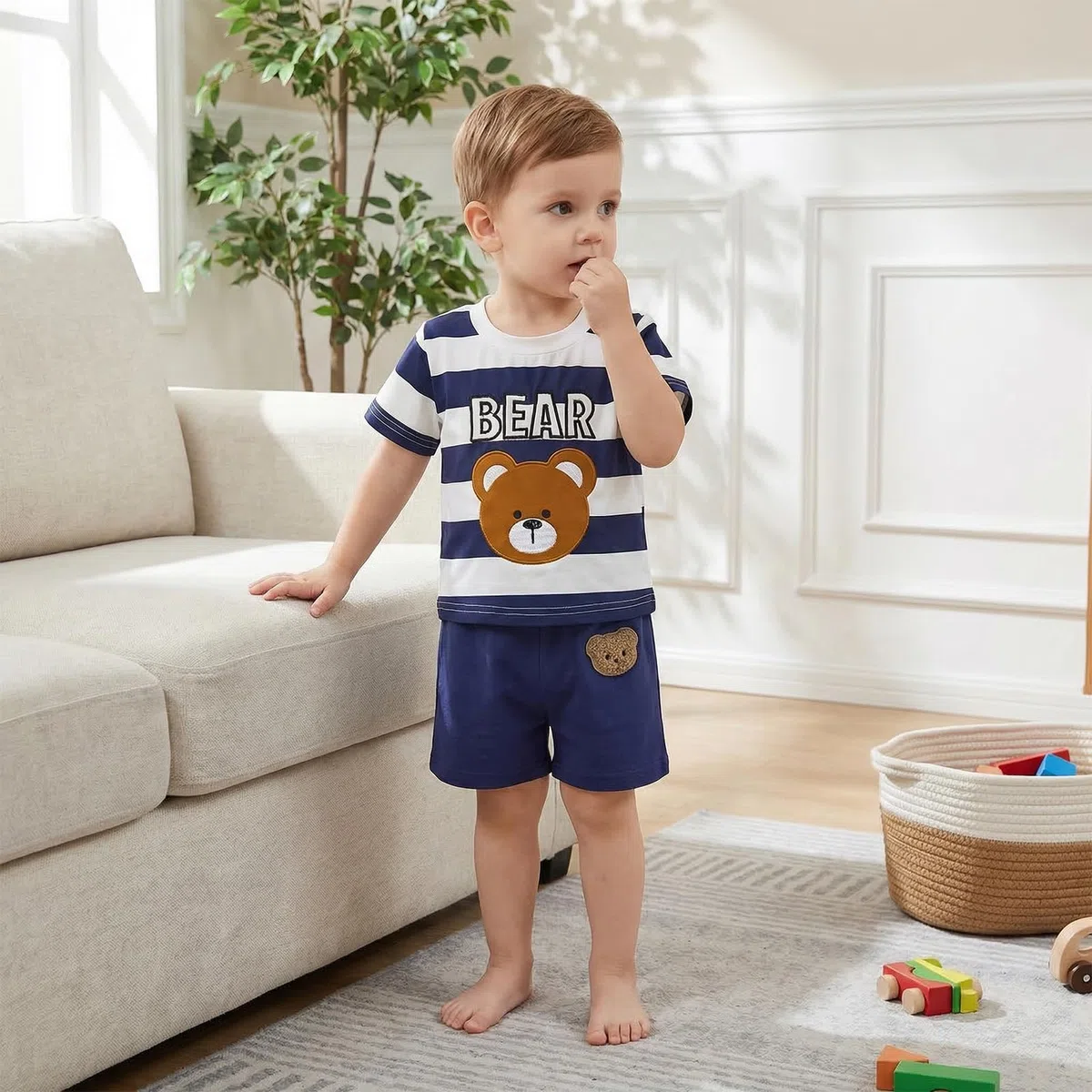 Carolilly Ensemble Bébé Garçon 2 Pièces, T-Shirt Rayé à Manches Courtes avec Motif Ours + Shorts Assortis, Tenue d'Été pour Enfant