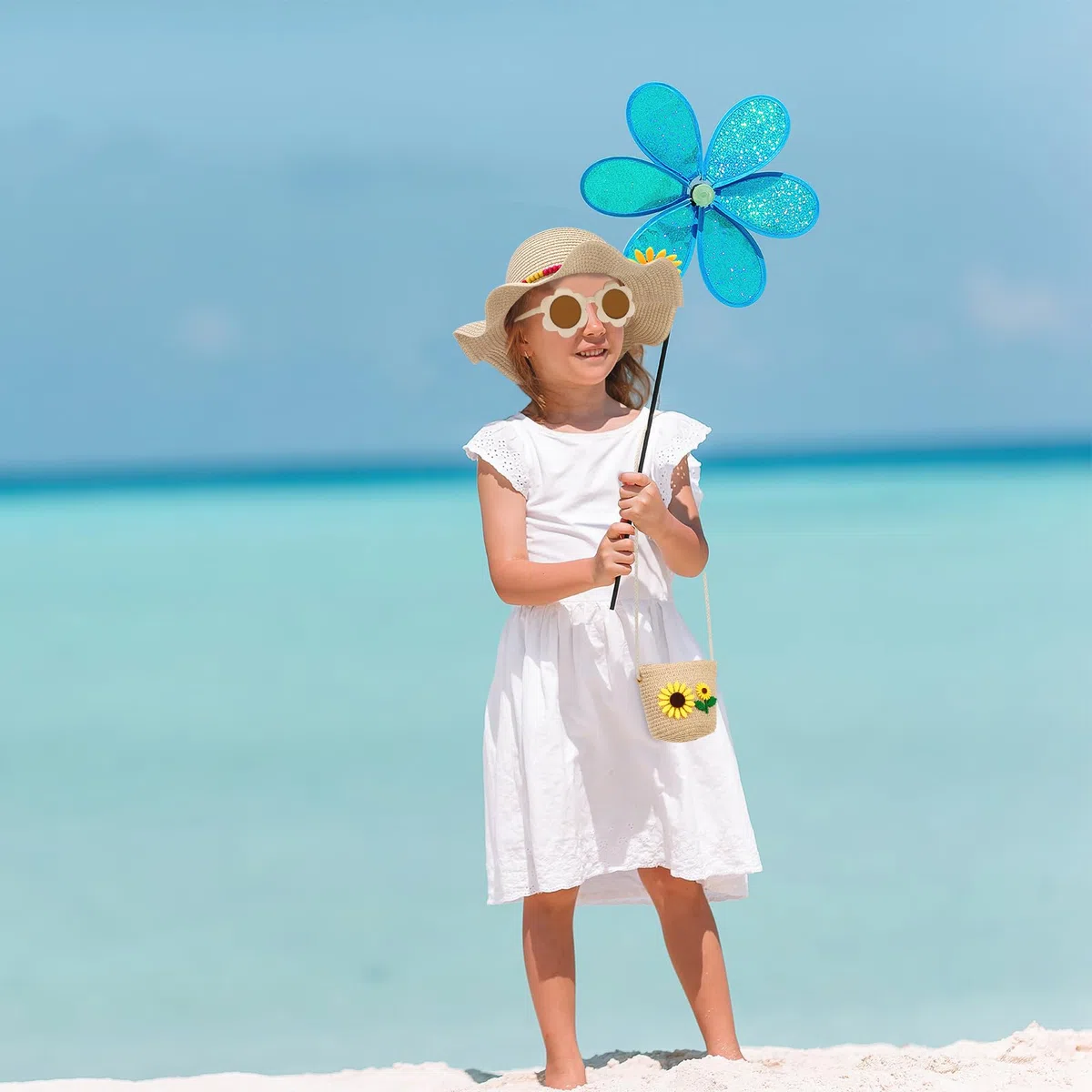 Chapeau de Paille et Petit Sac pour Filles, Ensemble de Chapeau de Soleil Décoré de Fleurs avec Lunette de Soleil Bijoux pour Enfants, Chapeau d'été à Larges Bords pour Les Voyages à la Plage