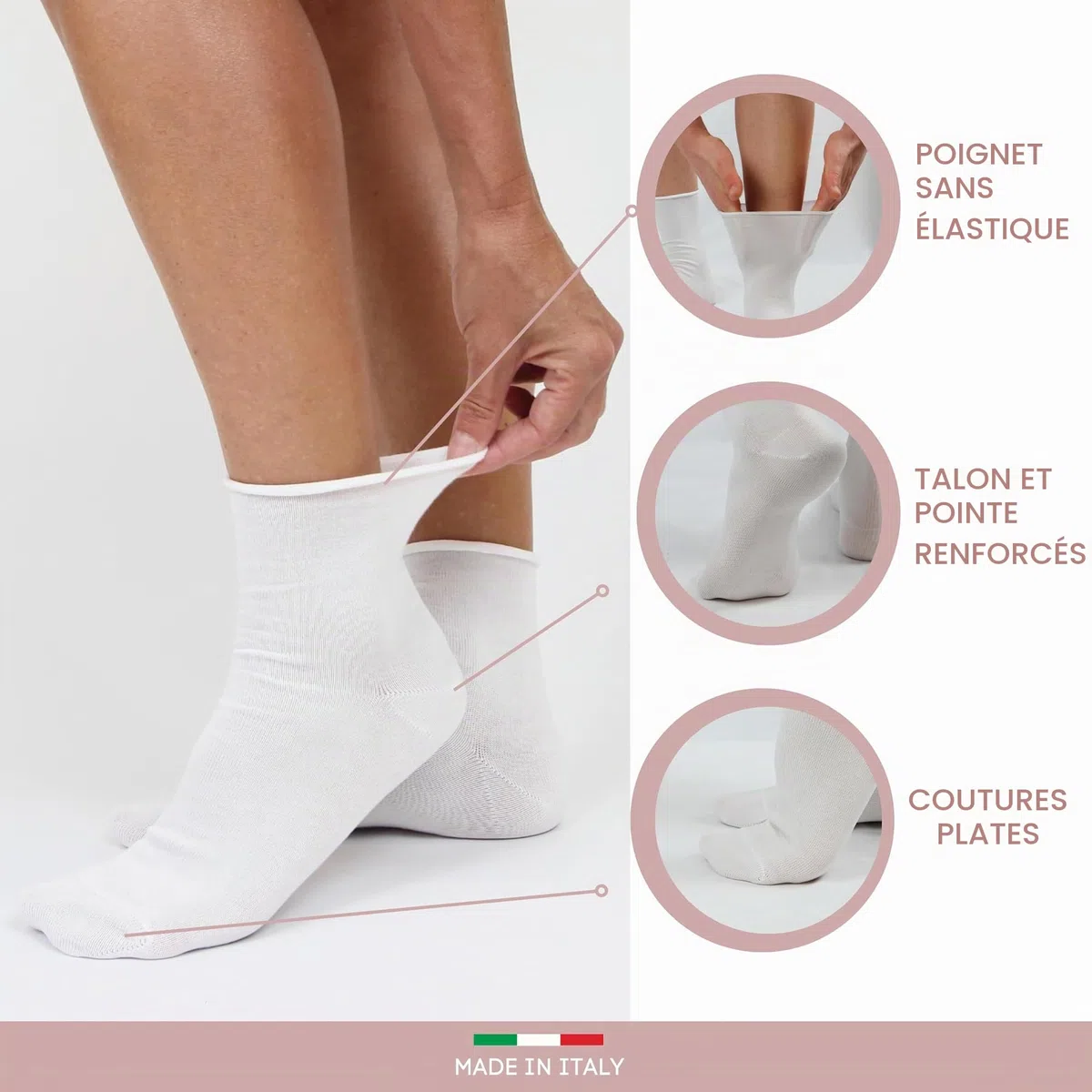Chaussettes Femme Coton Sans Élastique Chaussettes Femme Courtes made in italy (FR/ES, Alpha/lettres, Taille unique, Taille normale, Taille normale, 520-3 paires blanches)